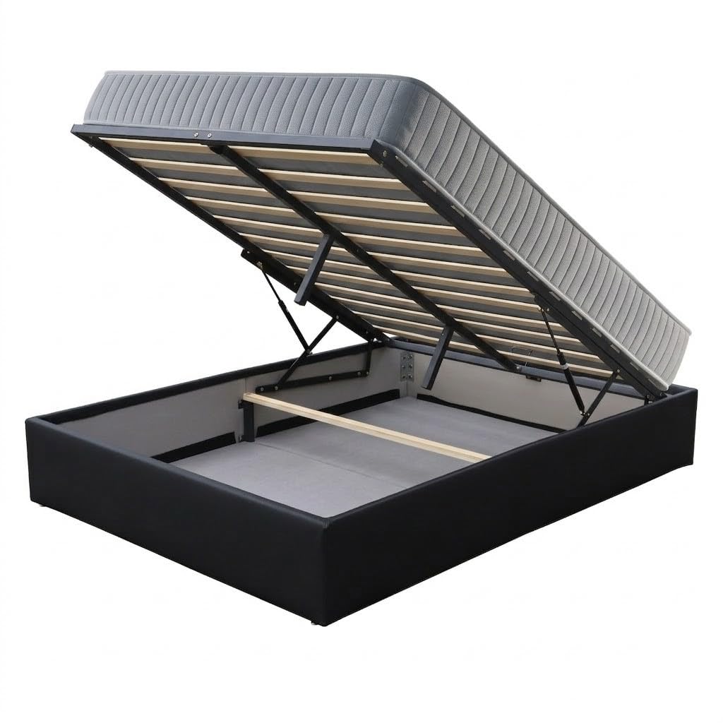 Ensemble Lit Coffre et Matelas 120x190 cm - Couleur : Noir - Sommier Relevable avec Grand Coffre de Rangement et Vérins Hydrauliques - Matelas Latex Soutien Ferme - Lit Coffre Déhoussable Moderne