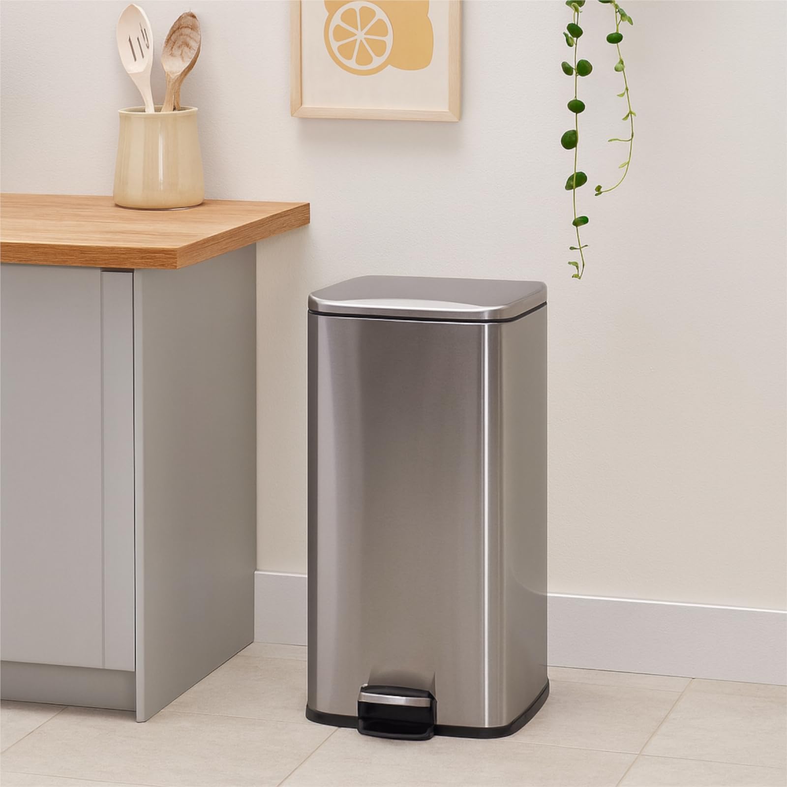 Mülleimer 35L, Edelstahl Treteimer mit Inneneimer, Abfalleimer Küche mit Pedal, Abfallbehälter Edelstahl modern, Müllbehälter mit Deckel, Hygienischer Pedaleimer für Küche und Büro