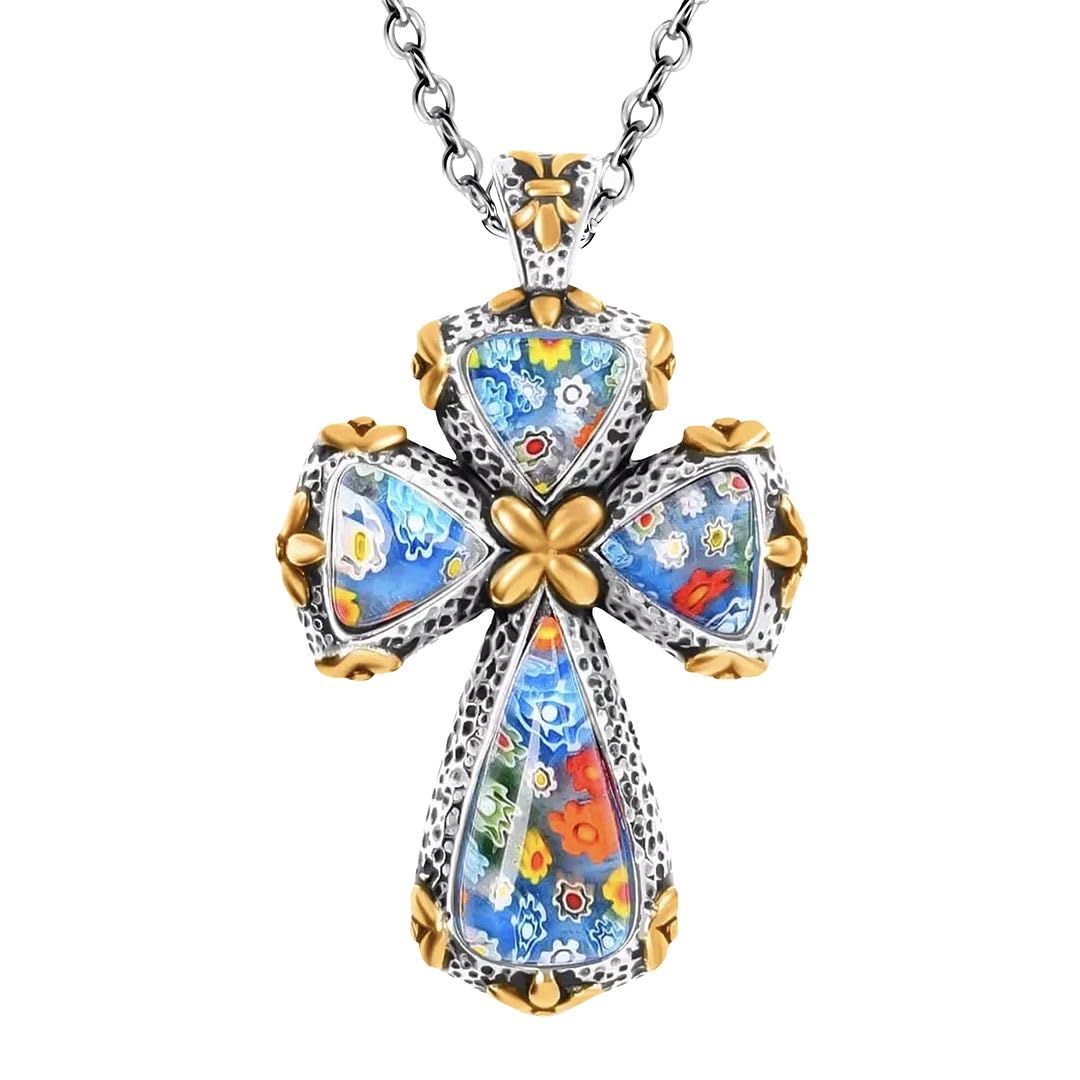 Colorful Rainbow Cross Necklace for Women Men Black Oxidsized Murano Style Millefiori Glass Flower Stainless Steel Chain Size 20" Catholic Faith Christian Jewelry Religious Christmas Gifts