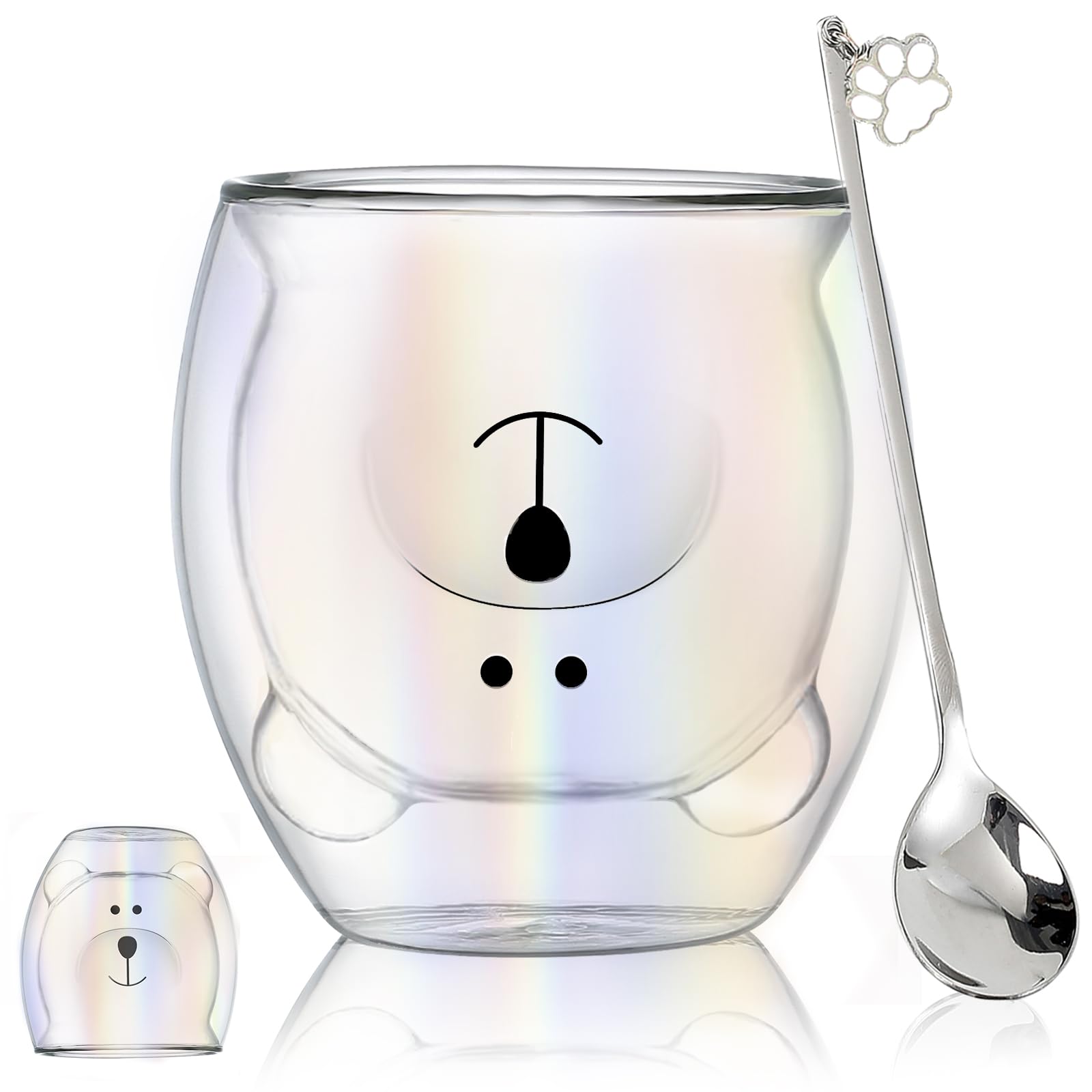 Bear Cup Cute Mugs for Women Iridescent Glass Double Wall Insulated Glasses Espresso Cup, Coffee Cup,Tea Cup,Milk Cup, Friend Gifts for Women Birthday Christmas Office and Personal