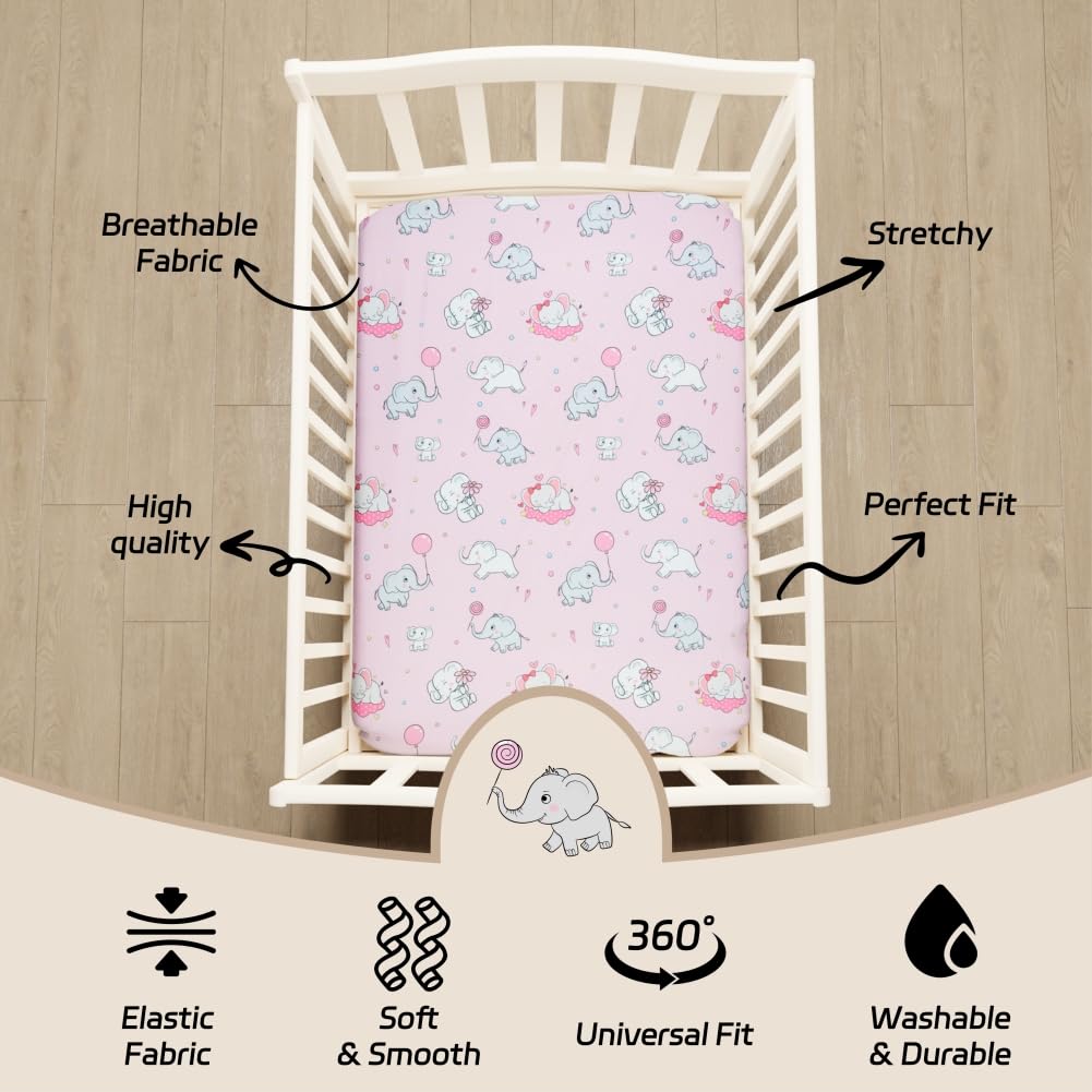 Juego de 4 sábanas para cuna de bebé, suaves, ajustadas, con diseño floral o elefante, fundas de colchón transpirables para bebés o niñas recién nacidas (elefante, sábanas para cuna)