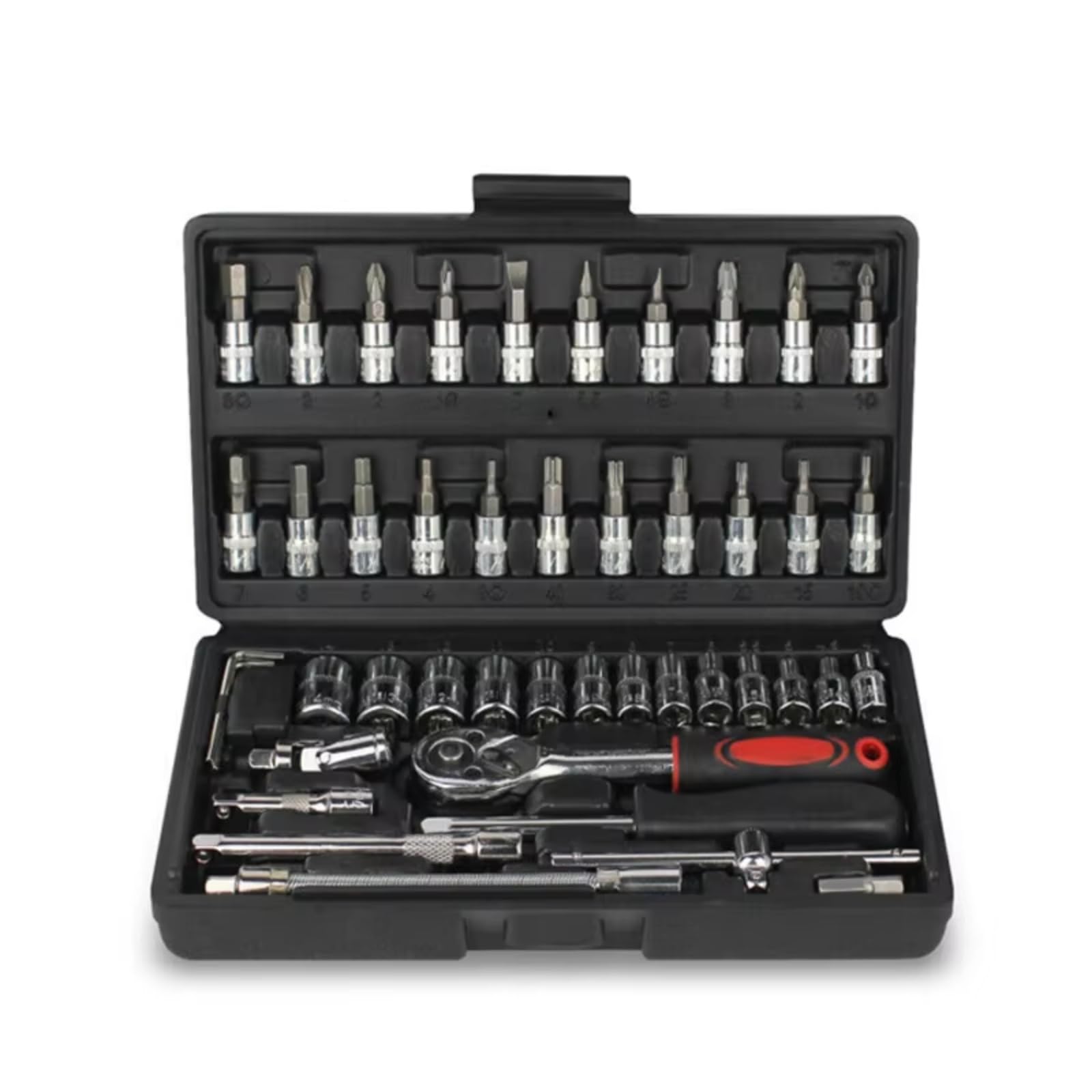 Maletín herramientas multiusos Kit Herramientas Reparación Juego Enchufes 1/4 Pulgadas Herramienta Reparación Llave Dinamométrica Trinquete Conjunto Reparación Herramientas Mano 46 ​​Uds.