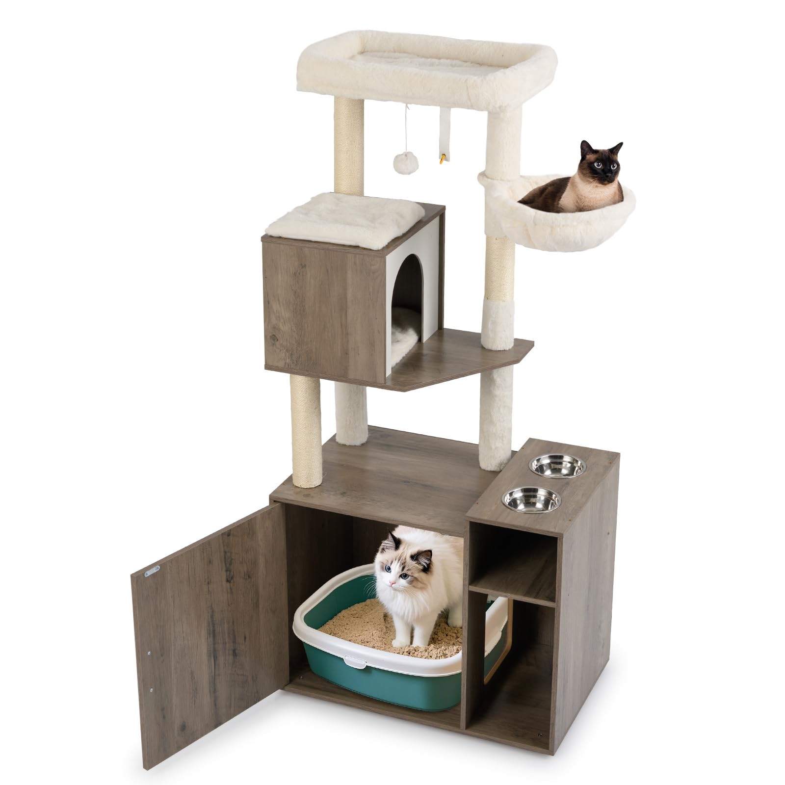 GYMAX Multi-level Cat Tree with Litter Box Enclosure, Wooden Cat Tower with Sisal Scratching Posts & Mat, 2 Feeding Bowls and Dangling Ball, Kitty Activity Center for Indoor Cats (Oak Grey)
