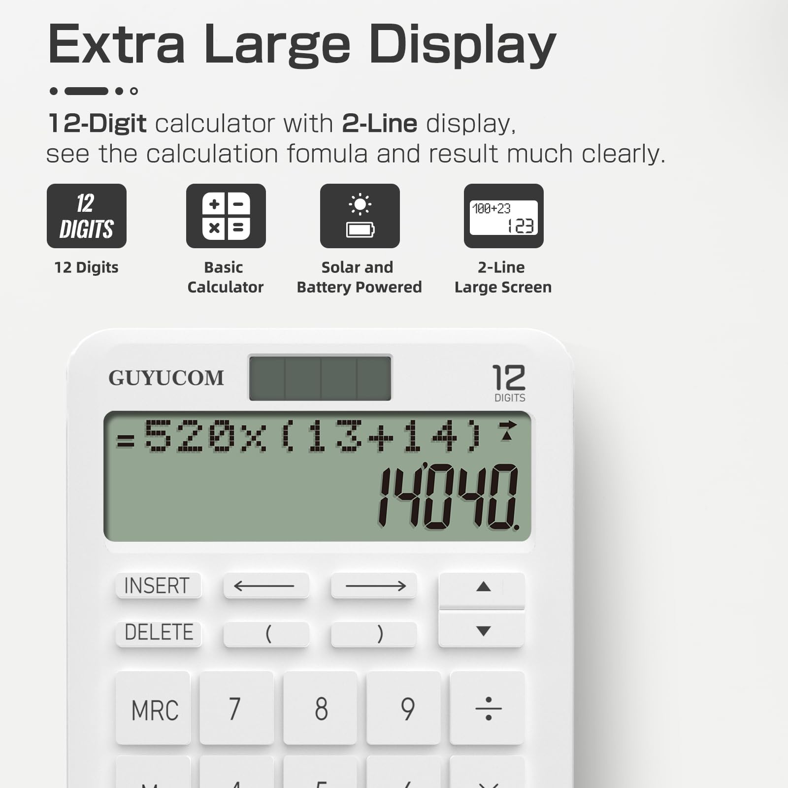 Calcolatrice GUYUCOM con memoria migliorata e funzione di tracciamento, display LCD a 2 righe chiaramente leggibile, 12 cifre, grandi pulsanti sensibili, bianco