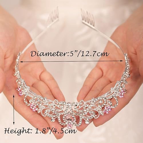 Miniatura 5 de JWICOS Tiara y corona de diamantes de imitación plateados para mujer, elegante corona de cristal rosa con peines, corona de cumpleaños de princesa