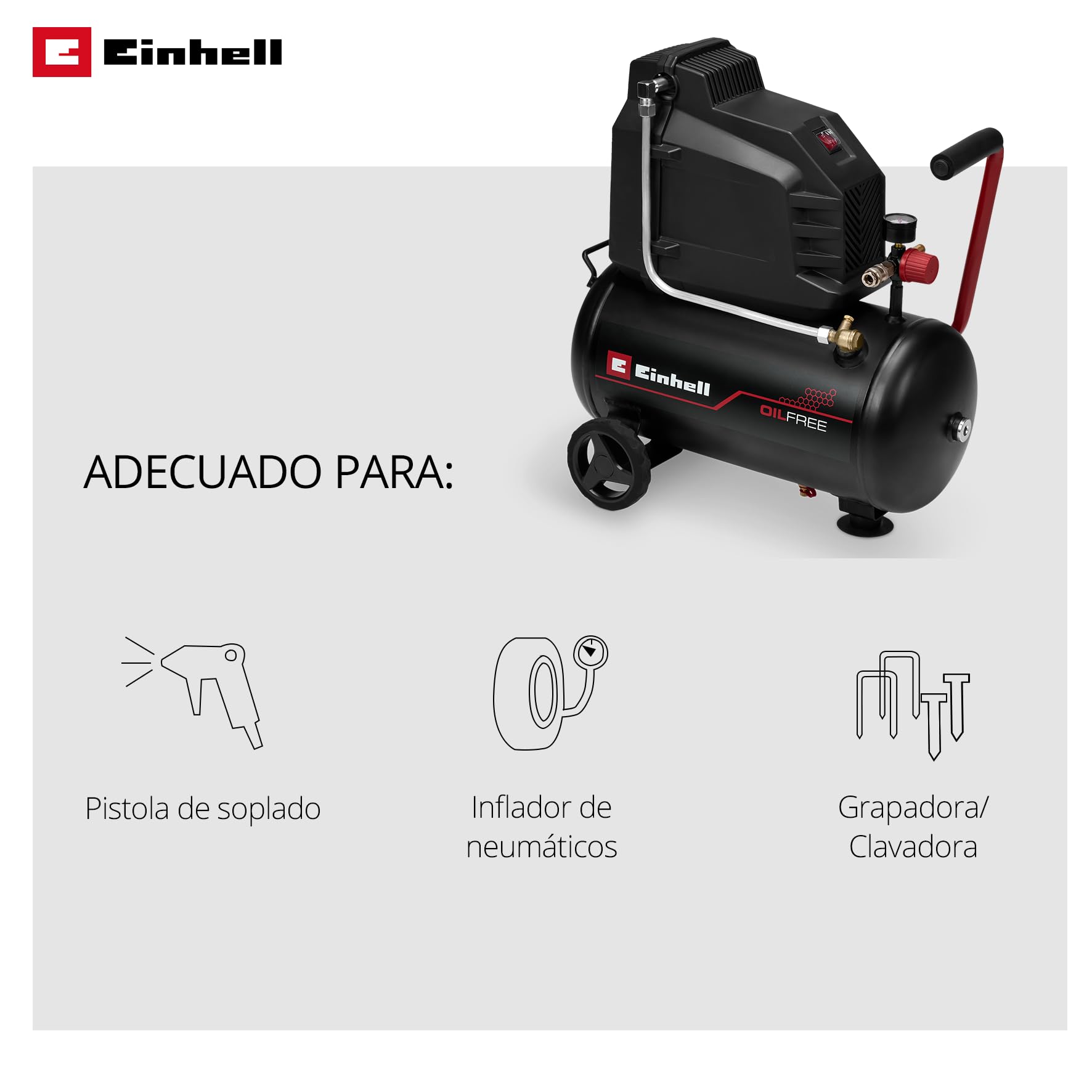 Einhell compresor TC-AC 190/24/8 I OF (1100 W, máx. 8 bar, depósito 24 l, potencia de aspiración 190 l/min, sin aceite, bajo mantenimiento, manómetro, reductor de presión)