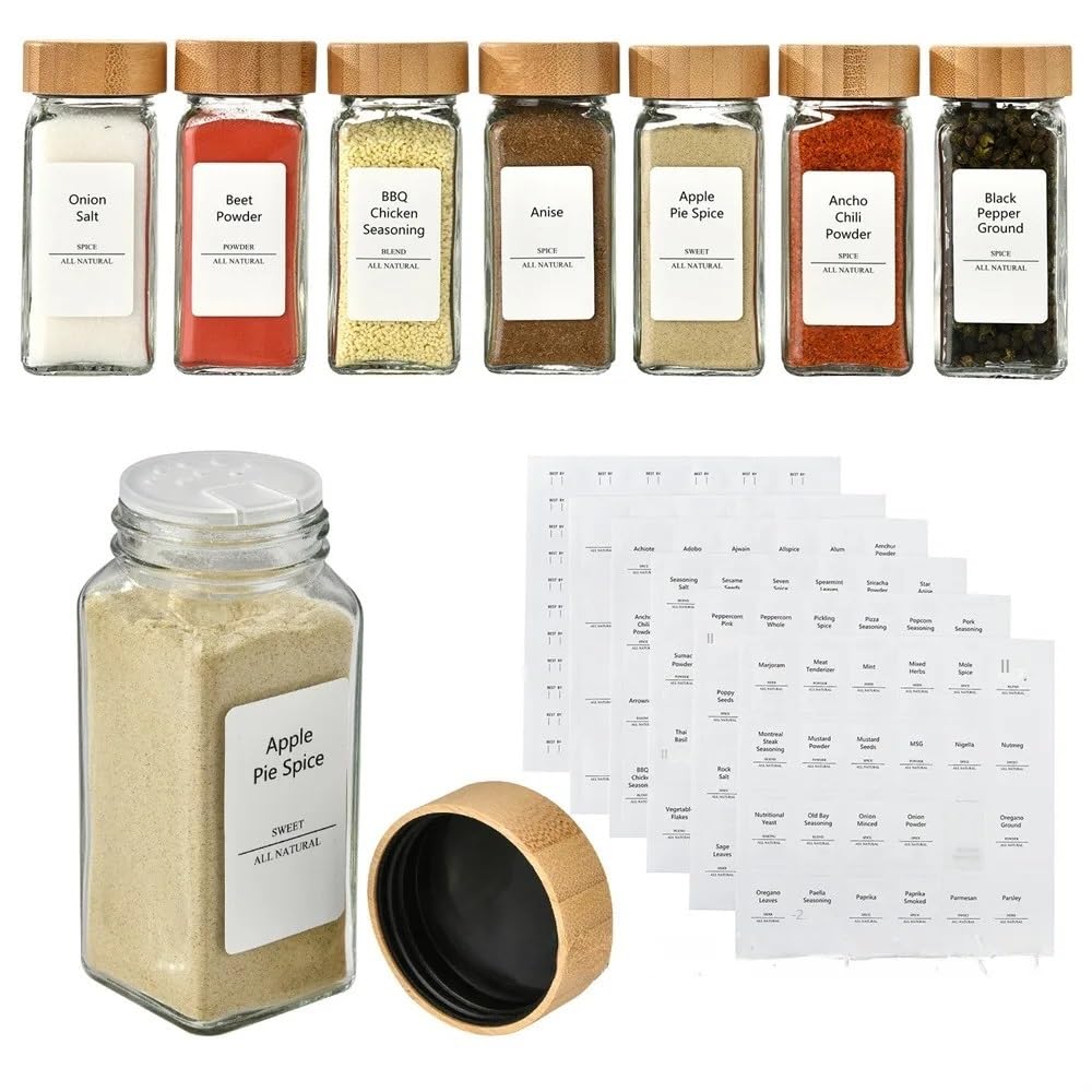 3 tarros de especias de vidrio con cubierta de madera, cuadrados, transparentes, para almacenamiento de condimentos, cocina, sal, especias, pimienta molida, herramientas de sellado (6 onzas)