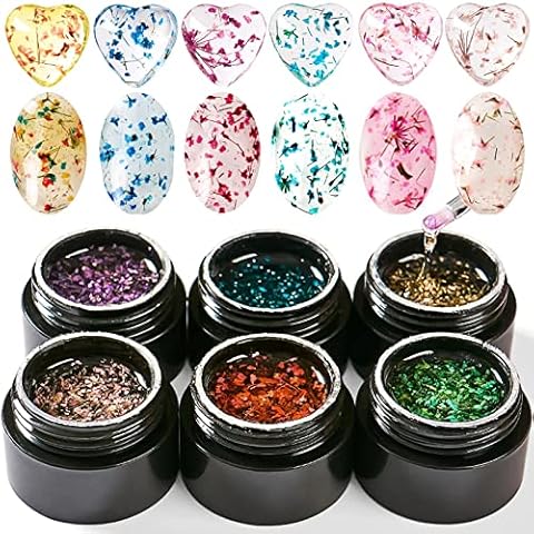 Dried Flowers Gel Nail Polish, Bellecrey Flower Fairy Gel Polish, Soak Off UV Holographic Varnish Real Flower Gel Rose Gold Pink Green Blue Purple Nail Polish 6 Colours/Set Cover