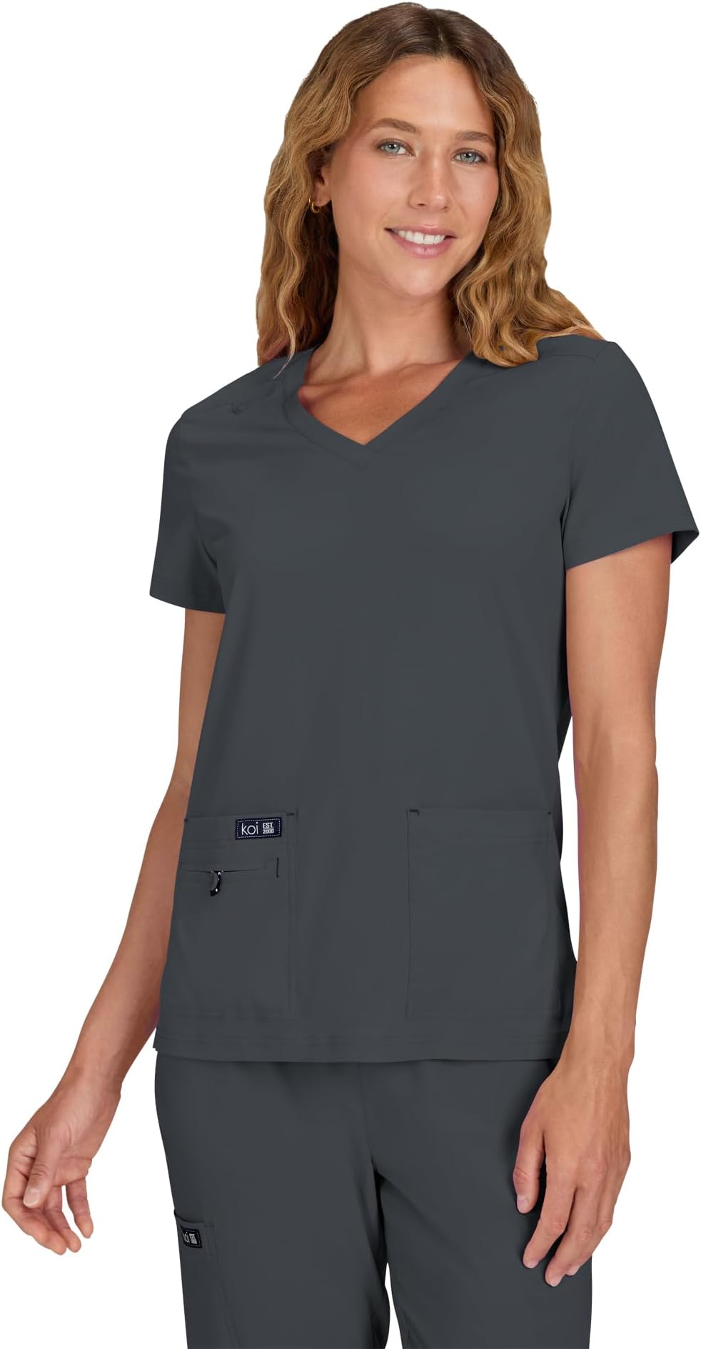 Basics Women's Becca V-Neck Scrub Top, 4 Pockets, ID Bungee Loop, Moisture-Wicking Performance