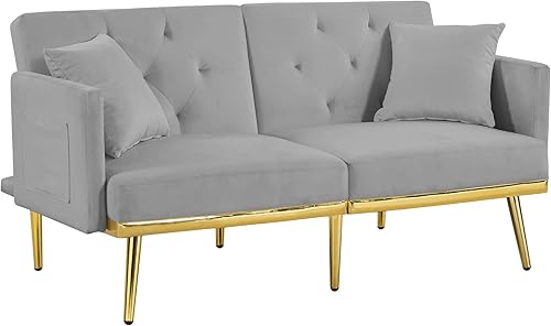 Miniatura 5 de Sofá cama futón convertible de terciopelo de 60 pulgadas, sofá cama con 2 almohadas y respaldo ajustable, sofá biplaza moderno con bolsillos