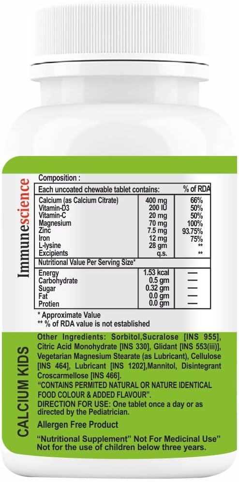 Verem Calcium for Kids with Vitamin D3 (VIT d), Magnesium, Zinc Supplement, Vitamin C, L-lysine Multivitamin for Kids Strong Bones, Immunity, Growth & Development- 120 Tablets (Pack of 4)