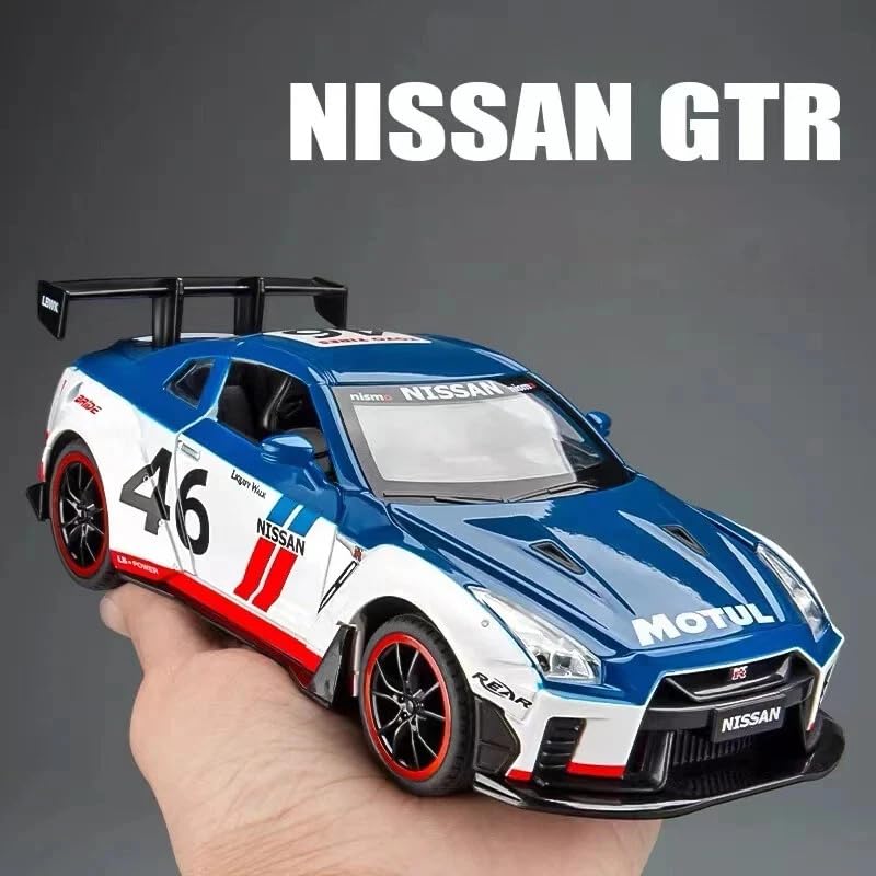 Image of 1:24 Nissan GTR R50 Diecast Model Car | Alloy Metal Pull Back Toy Vehicle with Sound, Light & Openable Doors | Racing Car Toy for Kids & Collectors (Blue)