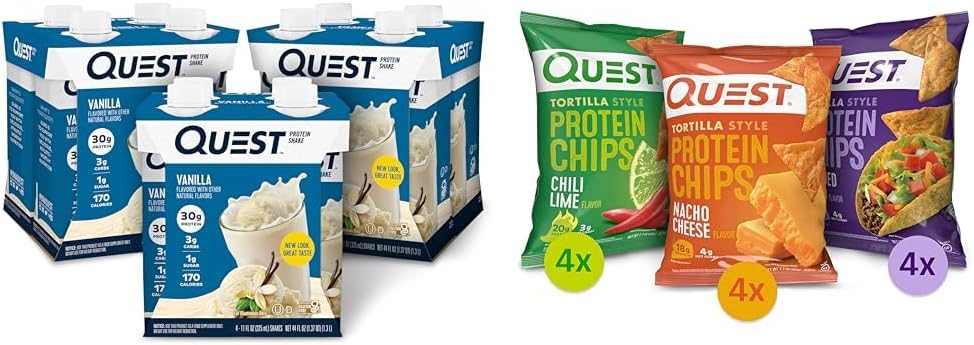 Quest Protein Shake Vanilla 11 Fl Oz 4 Count Pack of 3 and Protein Chips Chili Lime Nacho Cheese Loaded Taco Variety Pack