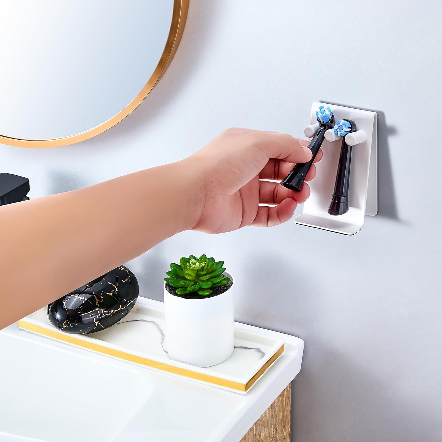 Electric Toothbrush Head Holder, Self Adhesive or Desktop Tooth Brushing Holder, Wall Mounted Toothbrush Holders Shower Bathroom, Tooth Brush Holder Organiser (White, Small)