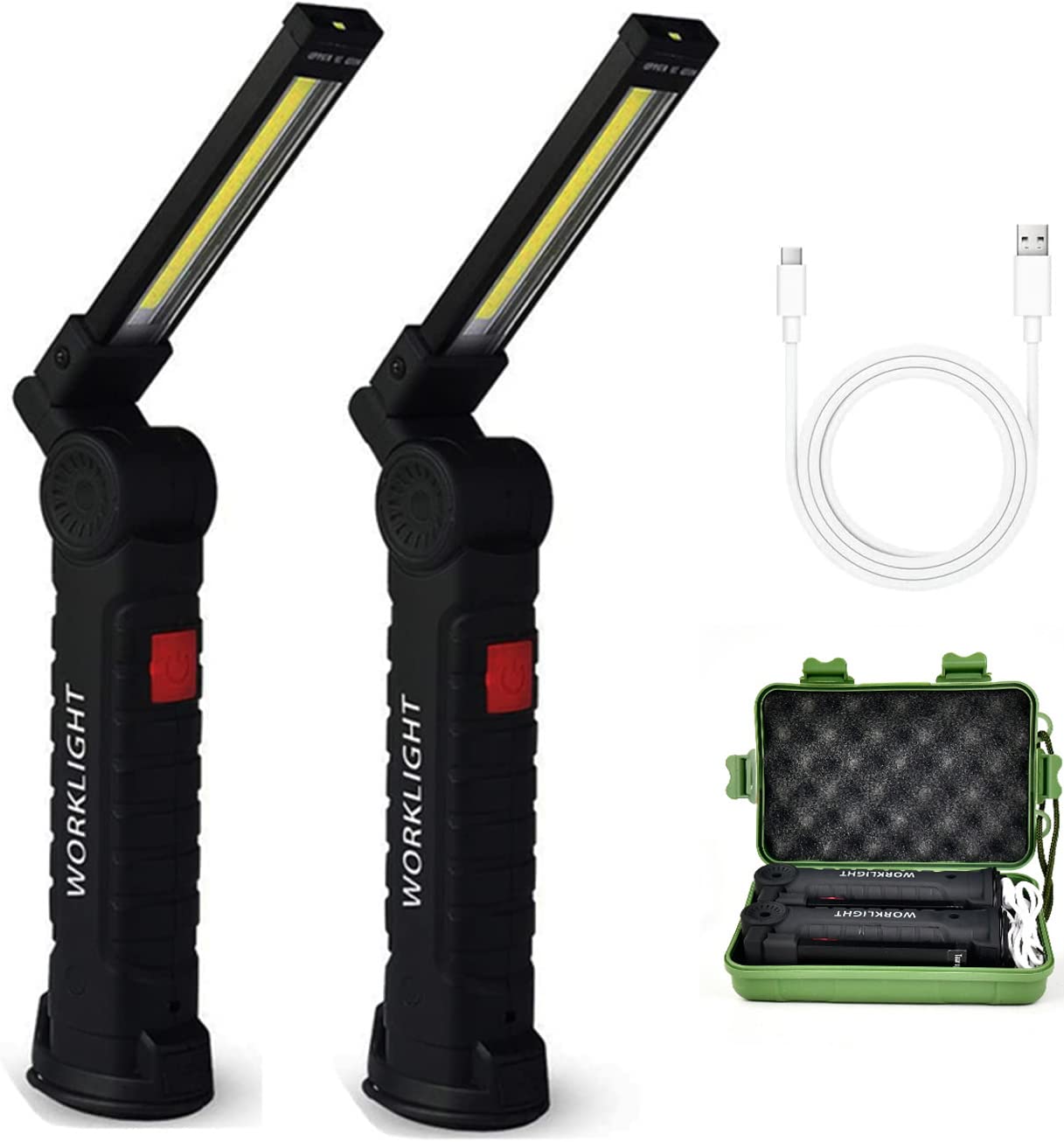 LED Work Light Flashlight, 2pcs Rechargeable Work Lights with Magnetic Base 270°Rotate Grill Light and 5 Modes Bright LED Flashlights Inspection Light for Car Repair,Household,Camping