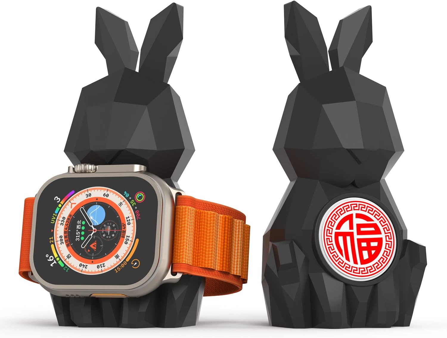 MOSHOU Geometric Rabbit Design Charger Stand for Apple Watch, Compatible with iWatch Series 8, SE2, 7, 6, SE, 5, 4, 3, 2, 1 / 45mm, 44mm, 42mm, 41mm, 40mm, 38mm, Support Night Stand Mode (Black)