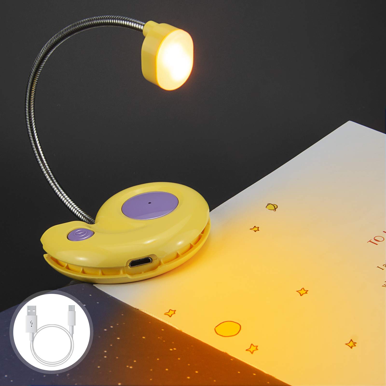Kids Rechargeable Book Light, Clip on Reading Light for Kid, Kids Reading Lights, Amber Book Light for Reading in Bed, 2 Lighting Modes, Blue Light Blocking, Bookmark Light for Bookworms-Yellow