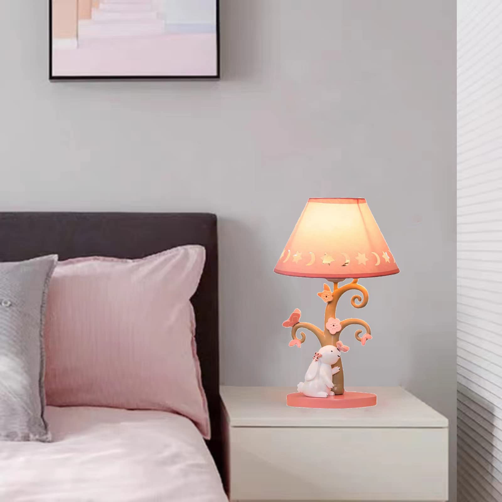 Nowoczesna kreatywna lampa stołowa z kreskówek, lampka nocna Mini Pink Rabbit z abażurem z tkaniny korpus z żywicy, dekoracyjna szafka nocna dla dzieci do sypialni pokoju dziecięcego