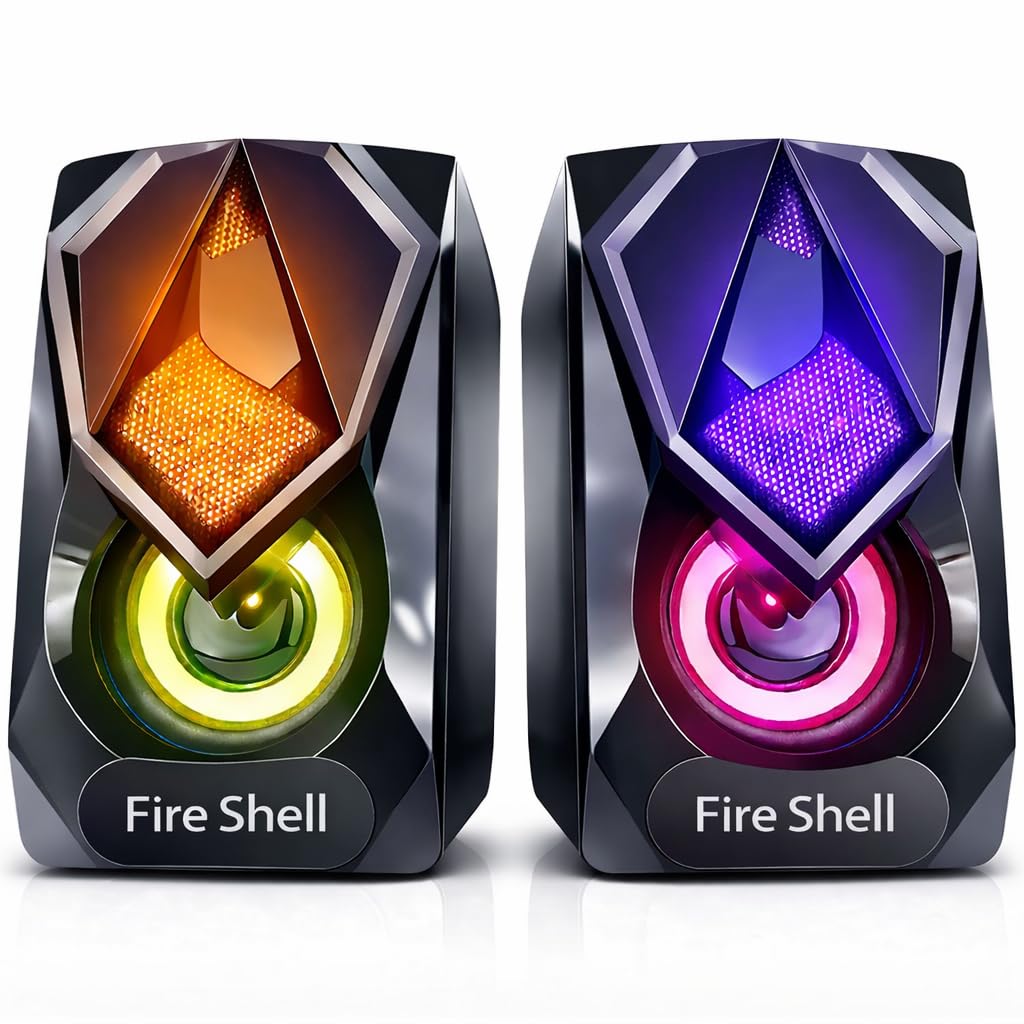 Fireshell USB Powered Computer Speakers 6W Stereo Sound with Multicolor LED Lights, AUX Input & Volume Control Pod for PC, Laptop & Desktop (Multicolor)