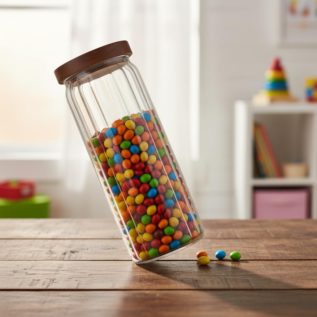 Deconox Akasya Kapaklı Uzun Çizgili Cam Kavanoz (1250 ml) | Hava Geçirmez, Modern Fitilli Tasarım Gıda Saklama Kabı | Makarna, Bakliyat, Kahve ve Çay Kavanozu (9x25 cm)