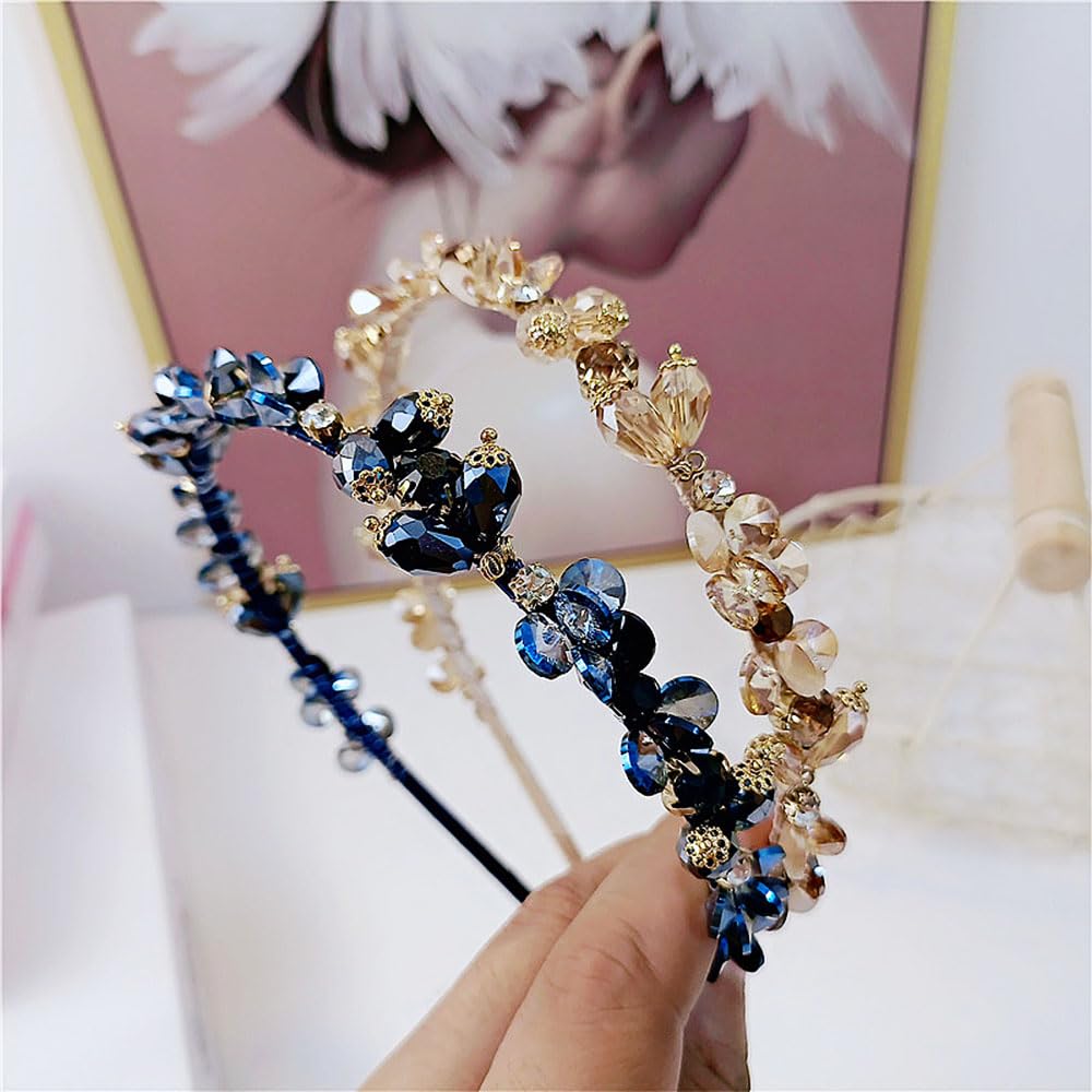 Cerchietto Largo Con Nodo E Strass Per Donna | Fascia Capelli Cristallata Arcobaleno | Accessorio Moda Per Feste E Matrimoni | Colore Blu