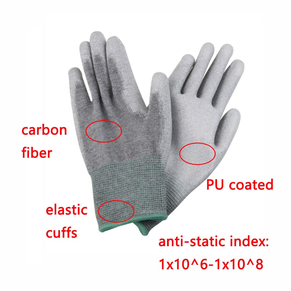 SagaSave Gants de travail pour hommes, gants de paume en polyuréthane antistatiques multi-usages antidérapants Gants de travail antidérapants pour ordinateur PC, réparation de téléphone(5 paires, S)