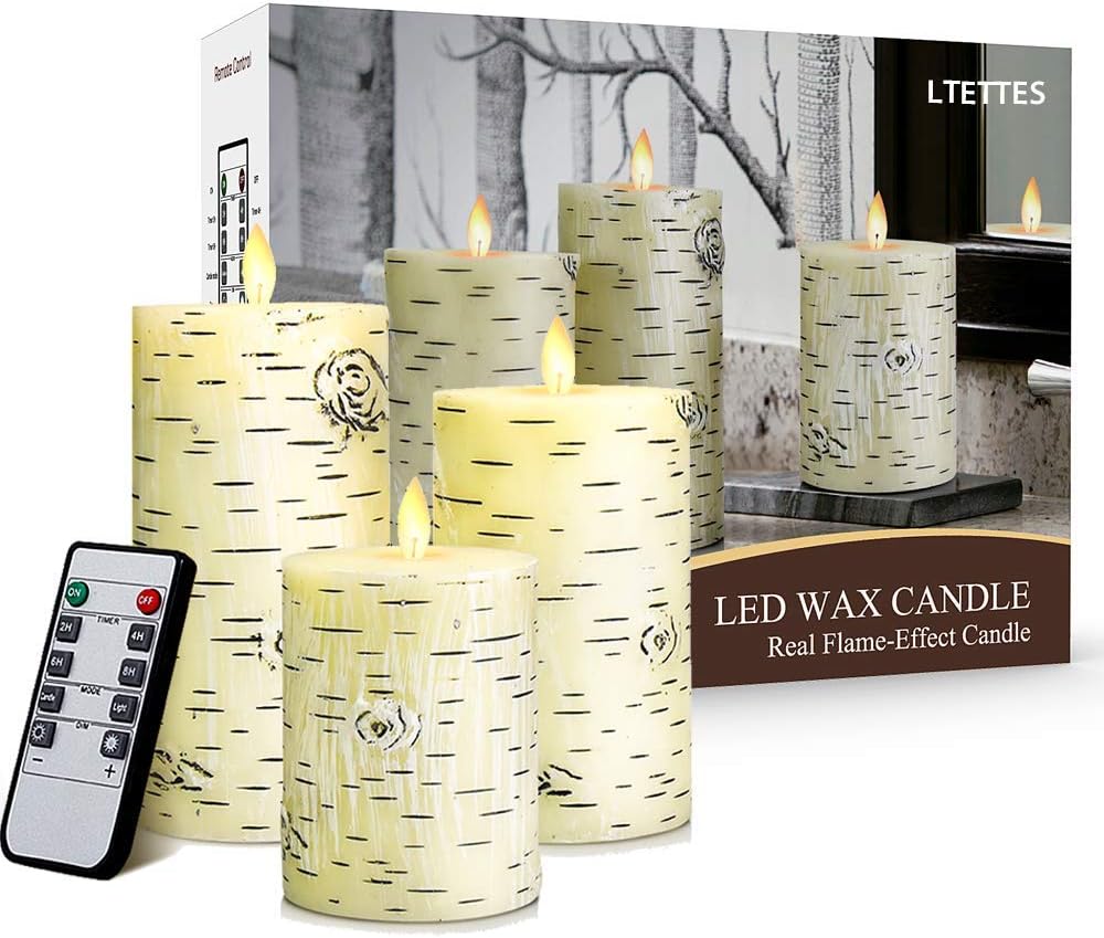 LTETTES 3 SET (H-4",5",6"x D-3") LED Real Wax Cup Pillar Flameless Electric Candles With Flickering Faux Wick, Birch Bark- AA Battery Powered with Remote for Home Decor, Birthday Gifting , Wedding and any other Decoration [BATTERIES INCLUDED]