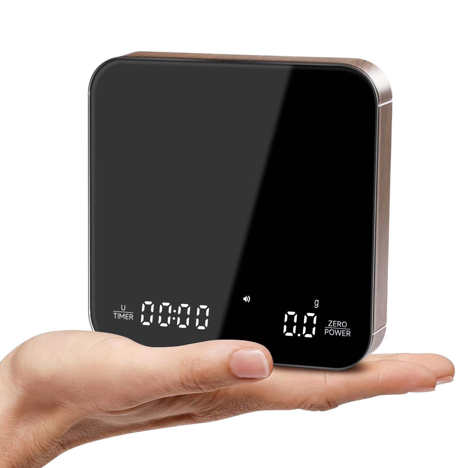 KitchenTour CaféMetric - Báscula de café con temporizador de 0,1 g/2000 g, escala pequeña de precisión para espresso y vertido, mini báscula con pantalla LED (madera, recargable)