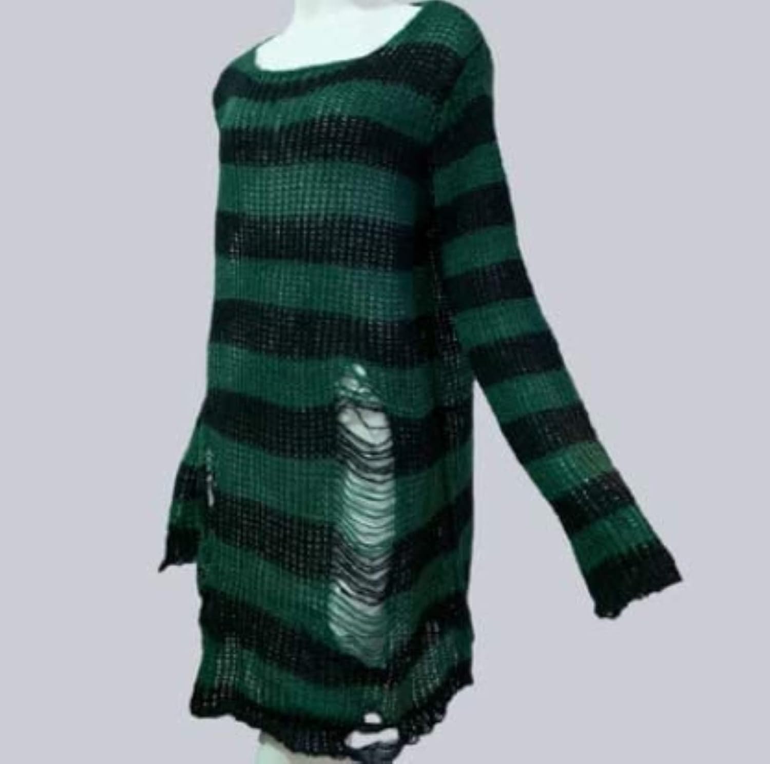 Women's See Through Hole Ripped Striped Long Knit Pullover Dress Sweaters Shirt - Image 3