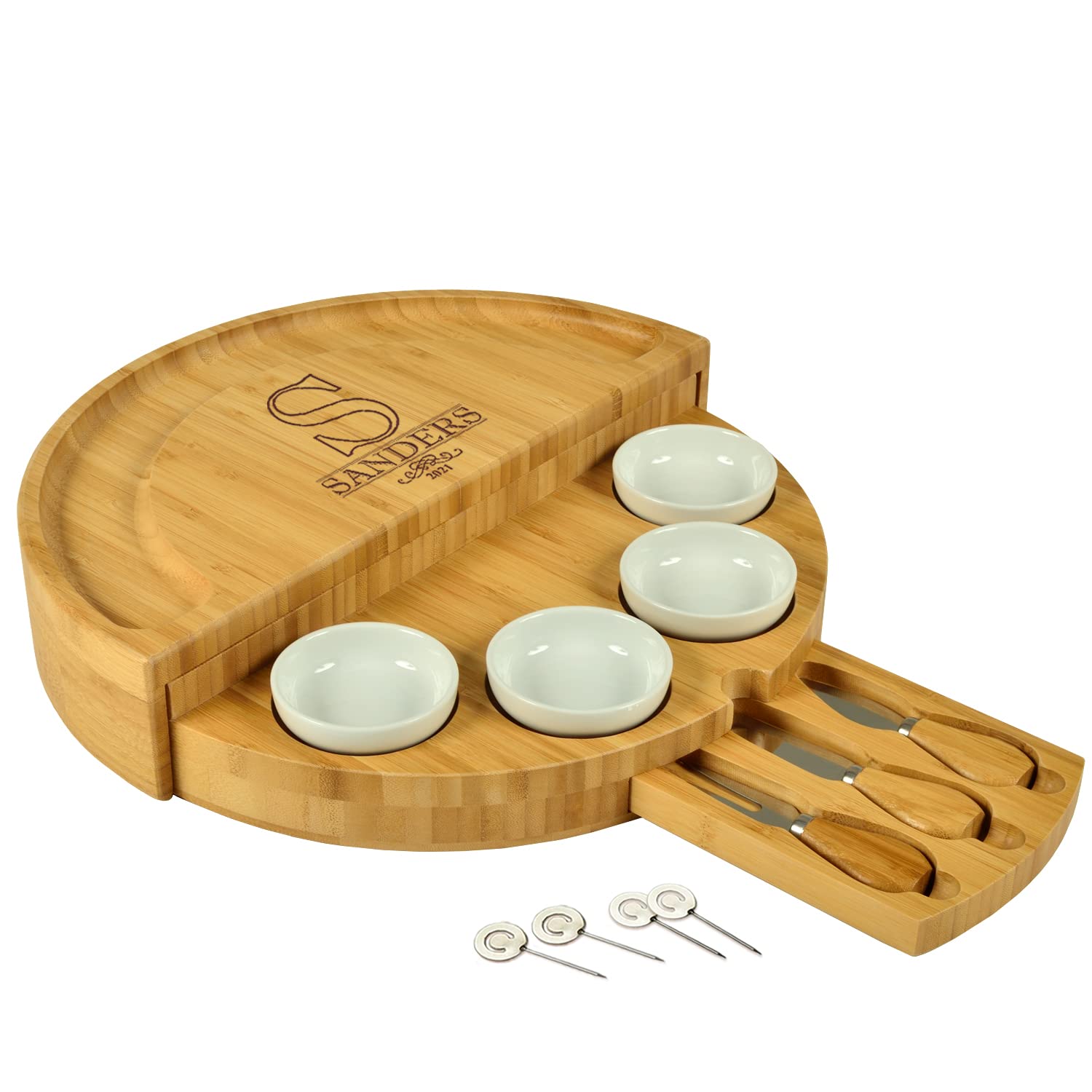 Picnic at Ascot Deluxe Custom Engraved Bamboo Cheese/Charcuterie Board with Accessories - Innovative Patented Design - Quality Assured in The USA