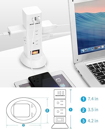 Miniatura 8 de Torre de regleta de alimentación, 6 tomacorrientes, protector de sobretensiones, 3 puertos USB (1 USB-C), cable de extensión de 6 pies con múltiples