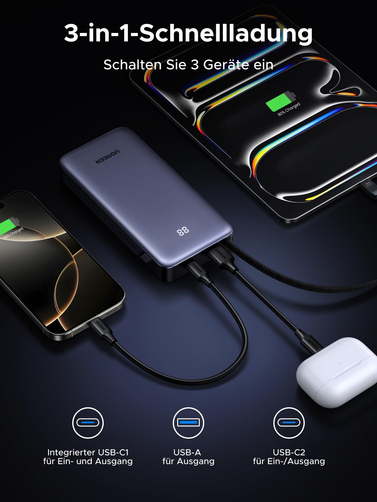 UGREEN Power Bank, 20000mAh 45W Schnellladen mit Integriertem USB-C Kabel & Bidirektionalem 45W PD, Externe Handyakkus Kompatibel mit Galaxy S25 Ultra/S25+, iPhone 17/16 Serie, iPad, Laptop und mehr
