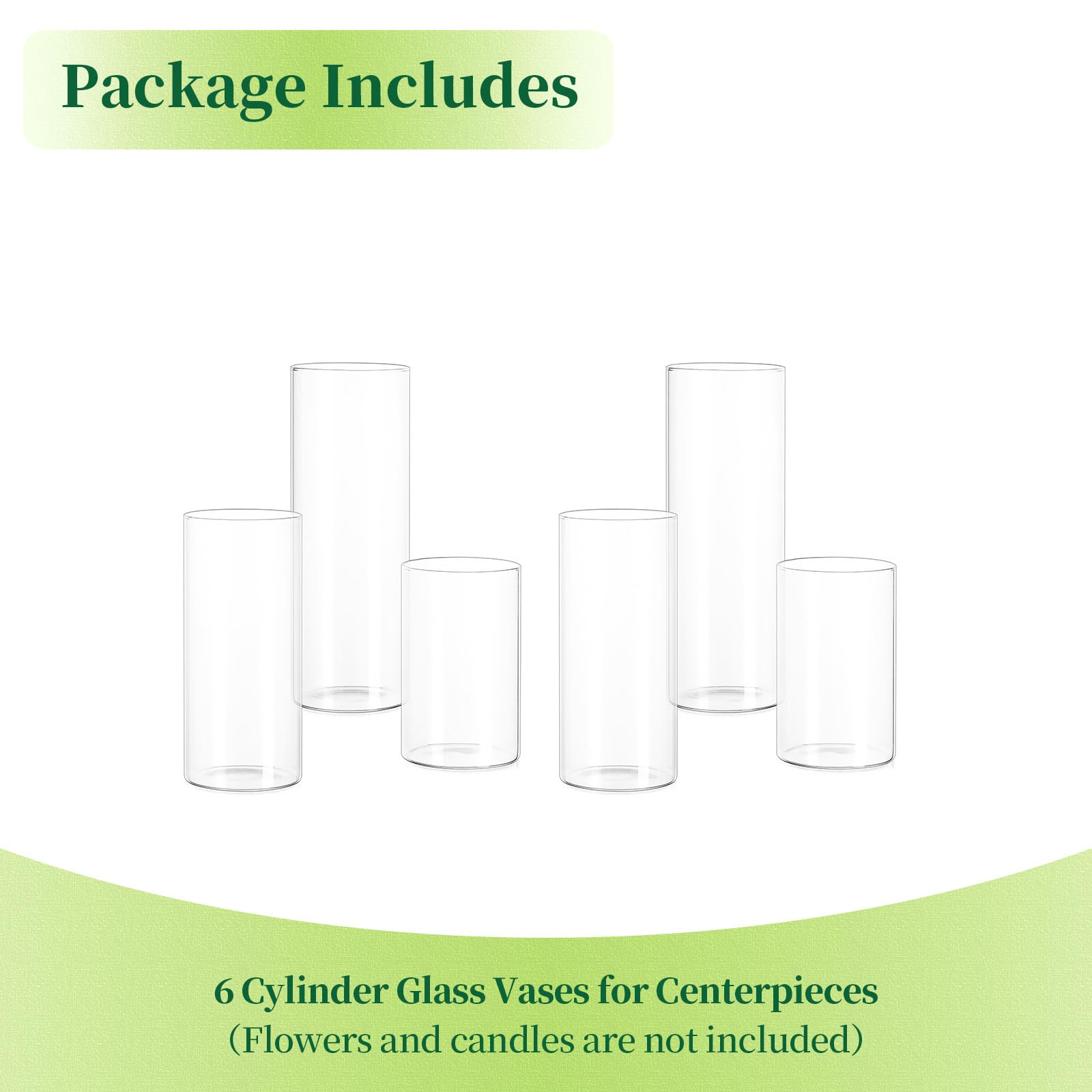 Hewory Jarrones de Cristal Cilíndricos Set de 6, Jarrón Alto de Cristal Transparente para Flores, Portavelas de Huracán para Velas de Pilar Flotantes, Florero para Centro de Mesa, 15/20/25cm | Jarrón de cristal para flotar, vela de té, pilar, centro de me
