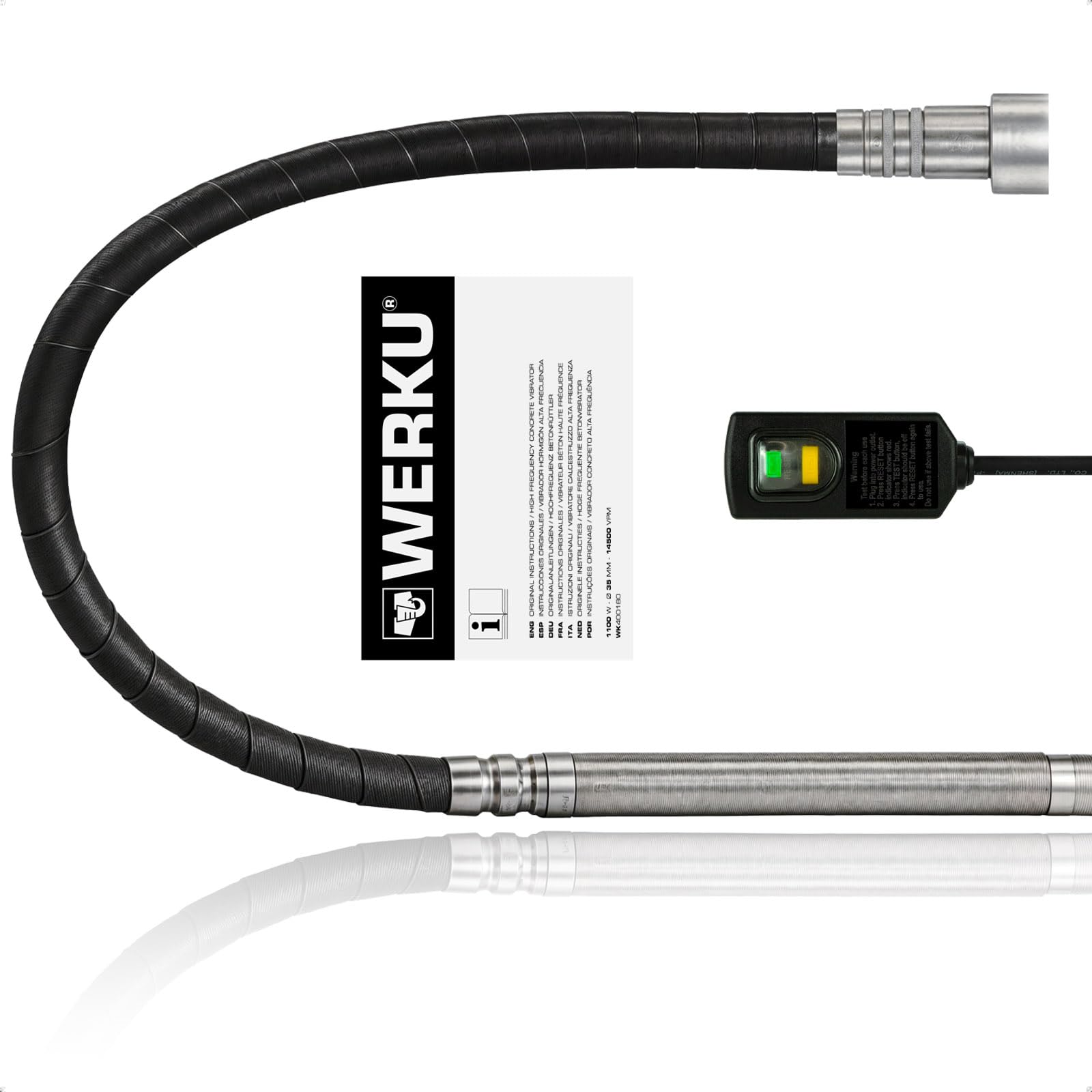 Werku WK400180, Vibrador Hormigón Alta Frecuencia, Calidad Profesional, Potencia 1100 W, Cable Eléctrico 5 m, Incluye PRCD y Manguera-Cabezal 3 m