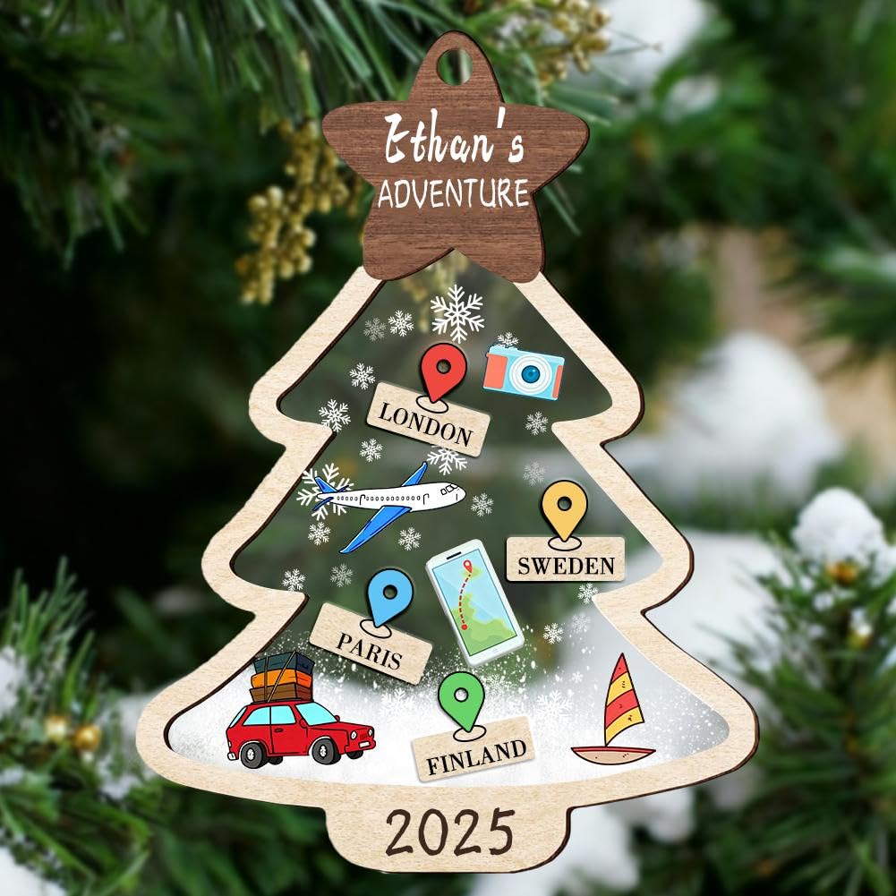 Travel Ornament, Personalized Travel Adventures Ornament 2026, Custom Travel-Themed Christmas Tree Hanging Decoration, 2 Layers Christmas Ornaments,Travelers & Adventurers Gifts