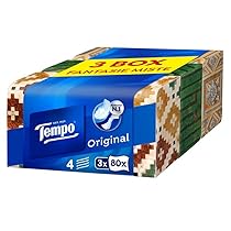 Tempo, Scatola di Fazzoletti di Carta, 3 Scatole da 80 Fazzolettini Monouso, 4 Veli, 4 Grafiche Assortite, Confezione Riciclabile