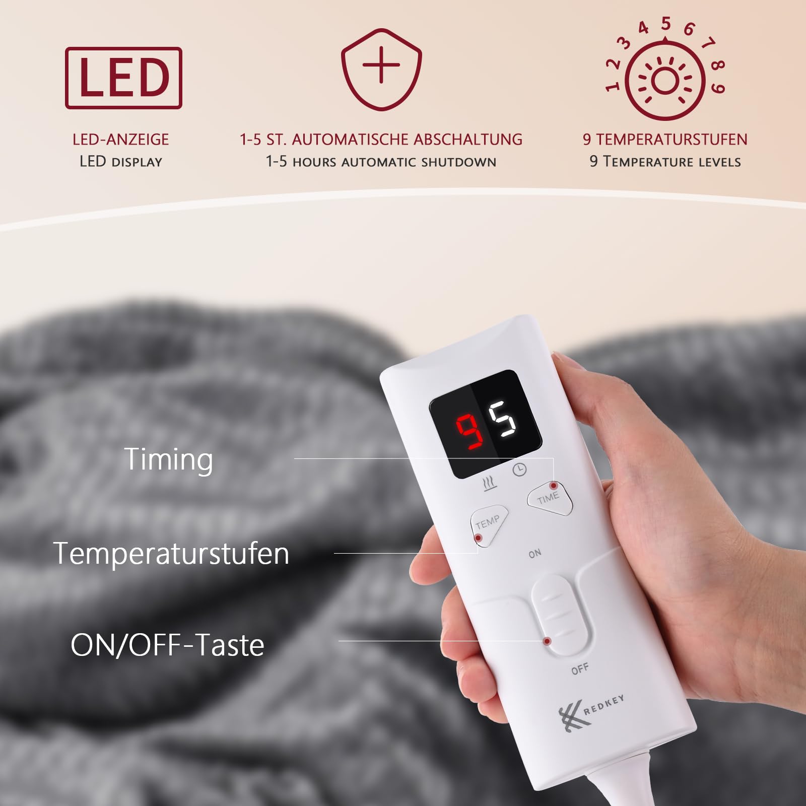 REDKEY Heizdecke mit Abschaltautomatik, 180x130 cm 9 Temperaturstufen & 1~5Stunden Auto-Off-Timer Überhitzungsschutz, Warm Elektrische Wärmedecke, Maschinenwaschbar Grau