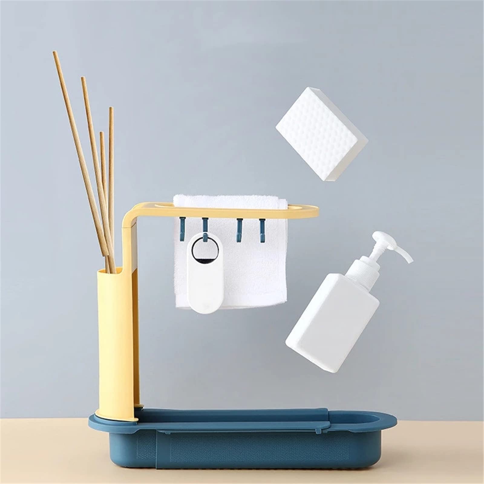 Portaspugna da Cucina Scaffale for lavello del telescopico Piatti di spugna scarico Porta sapone per Ristoranti per Famiglie(Blu)