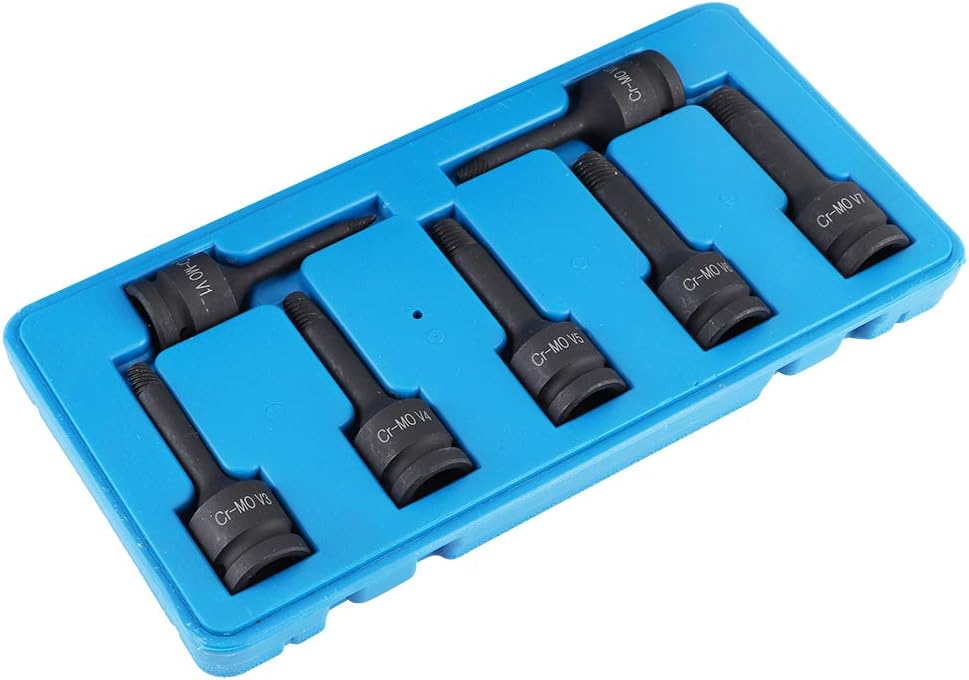 Damaged Bolt Extractor Set 7pcs | 1/2 Inch Square Head for Broken Screws/Nuts/Studs | CR - MO Steel Easy Out Remover Tool Kit | 1mm - 7mm Sizes