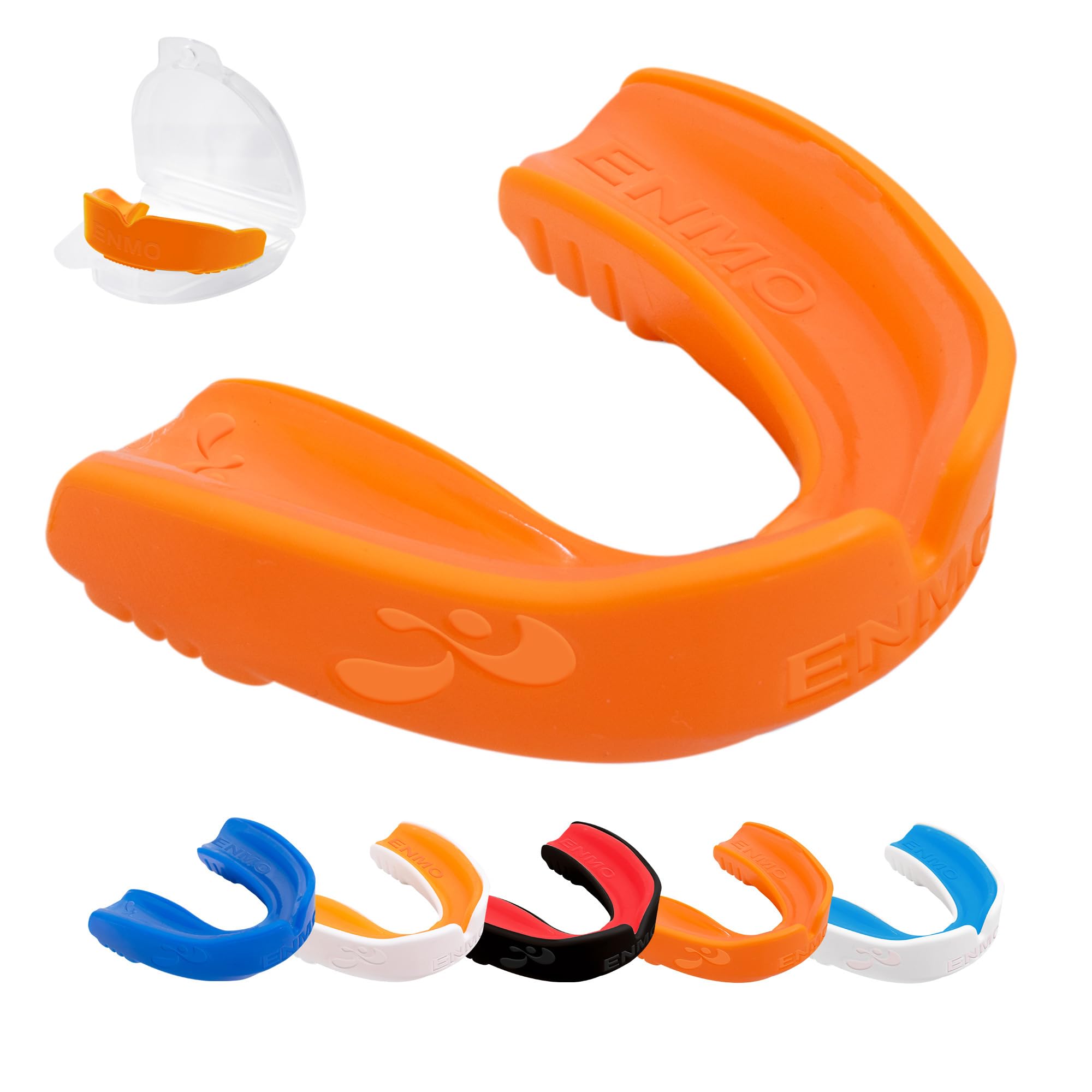 Enmo Maxilla Gel Gum Shield - Adult & Junior 10+ Mouth Guard with Case for Rugby, Boxing, Hockey and Contact Sports - Mouthguard with Boil & Bite, Breathing Channel Tech, Dual Layer - Orange/White