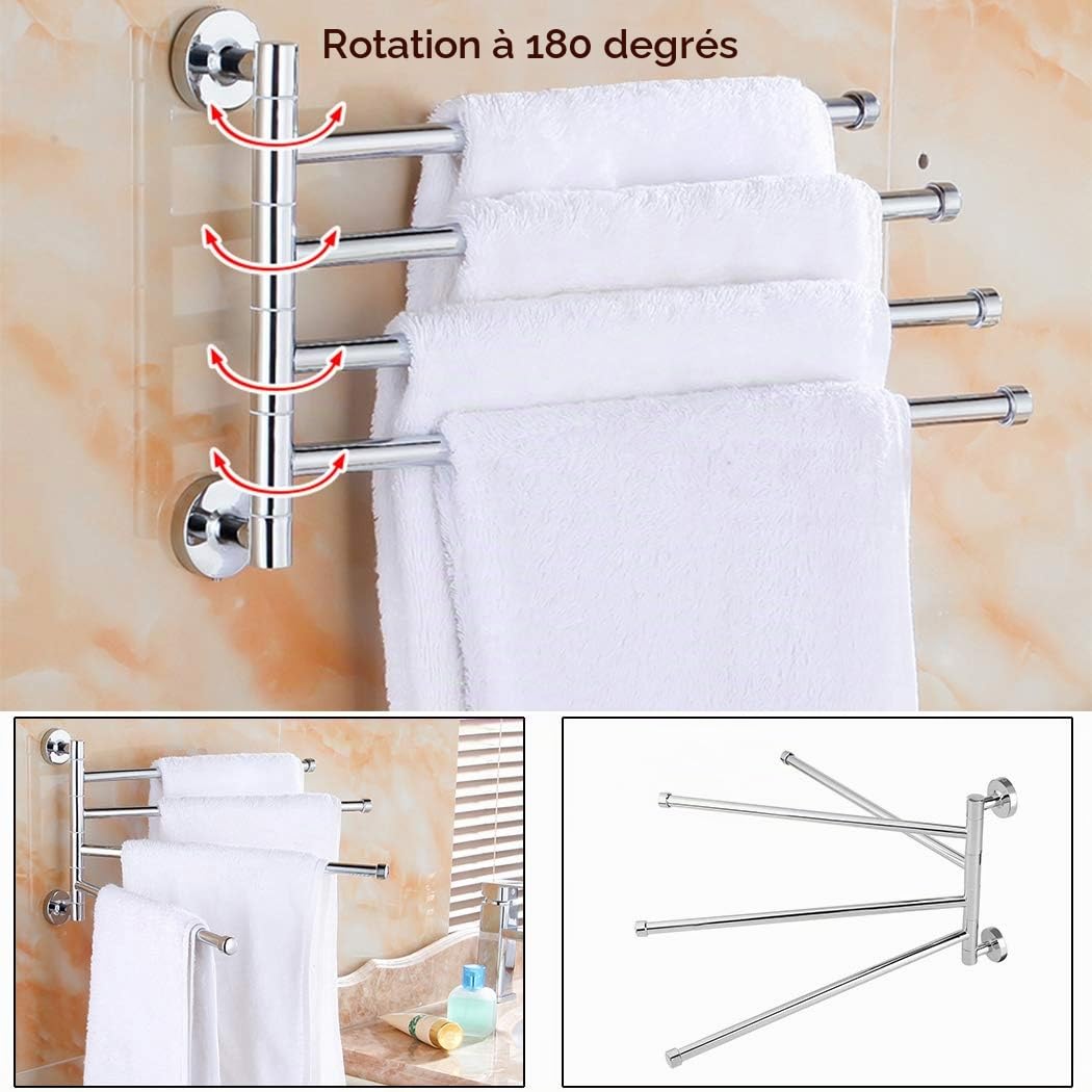 Porte Serviettes Mural 180° Serviette Support Porte-Serviettes Acier Inoxydable Barre à Serviettes Chrome (4-armer)