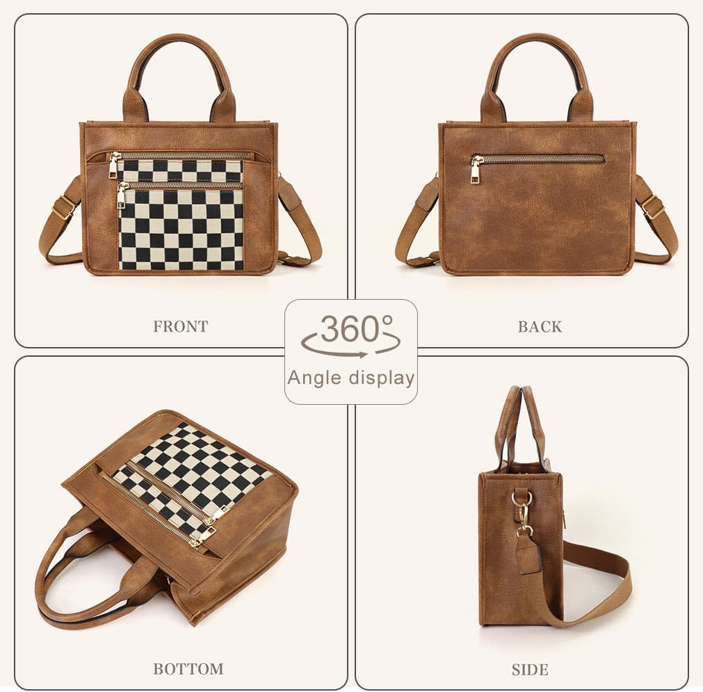 PCBAG Women's Checkered Crossbody Bag Vintage Black and White Faux Leather Tote Handbags Purse Adjustable Strap Casual Shoulder Bag for Work Travel - Image 6