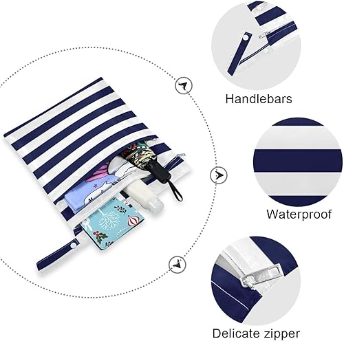 Miniatura 4 de Kigai Paquete de 2 bolsas para ropa húmeda y seca a rayas azul marino, impermeable, reutilizable, con bolsillo con cremallera para viajes, playa,