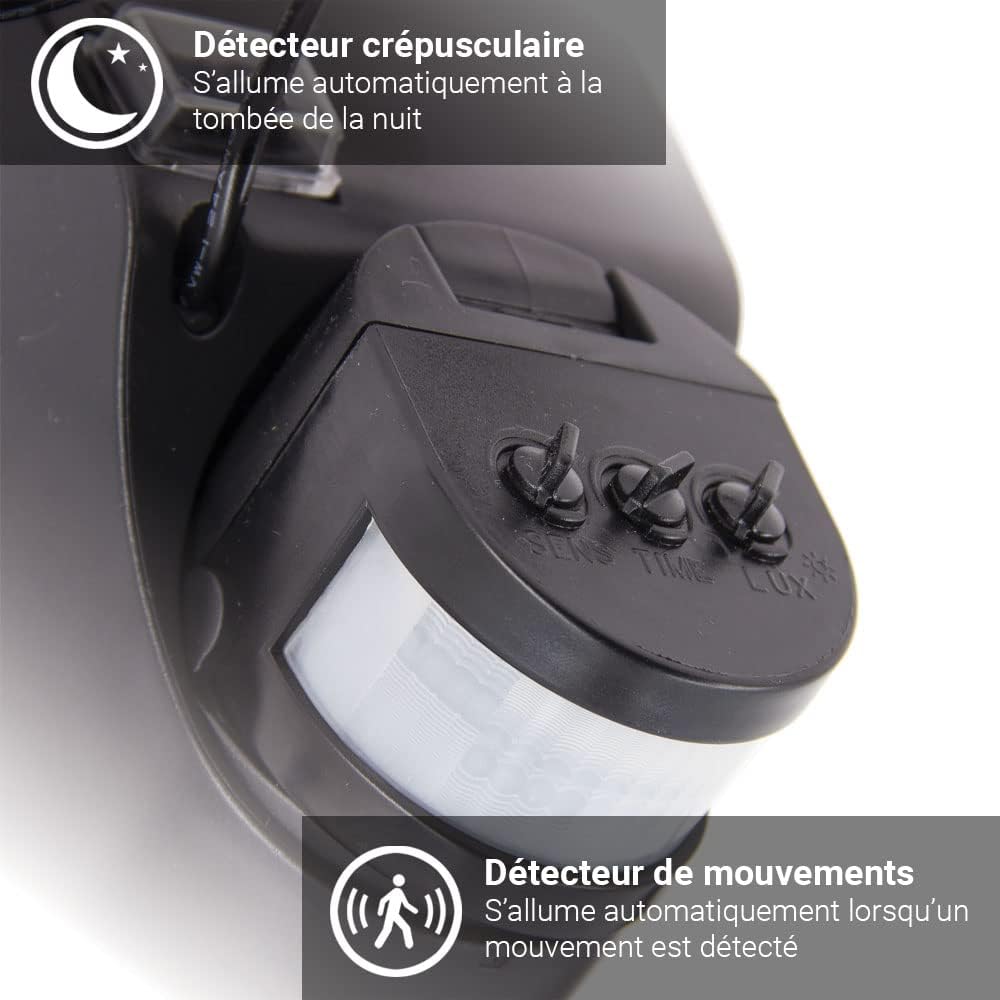 Close-up of the motion sensor with SENS, TIME, and LUX adjustment dials.