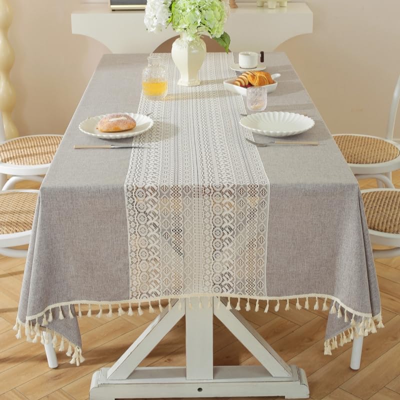 KIJSKKOPO Manteles De Encaje Rectangulares Grandes, Gris Claro, con Encaje Transparente Y Ribete De Borlas, para Mesa De Comedor Rústica De Granja, para Cocina, Fiesta, Boda, Picnic, Decoración De