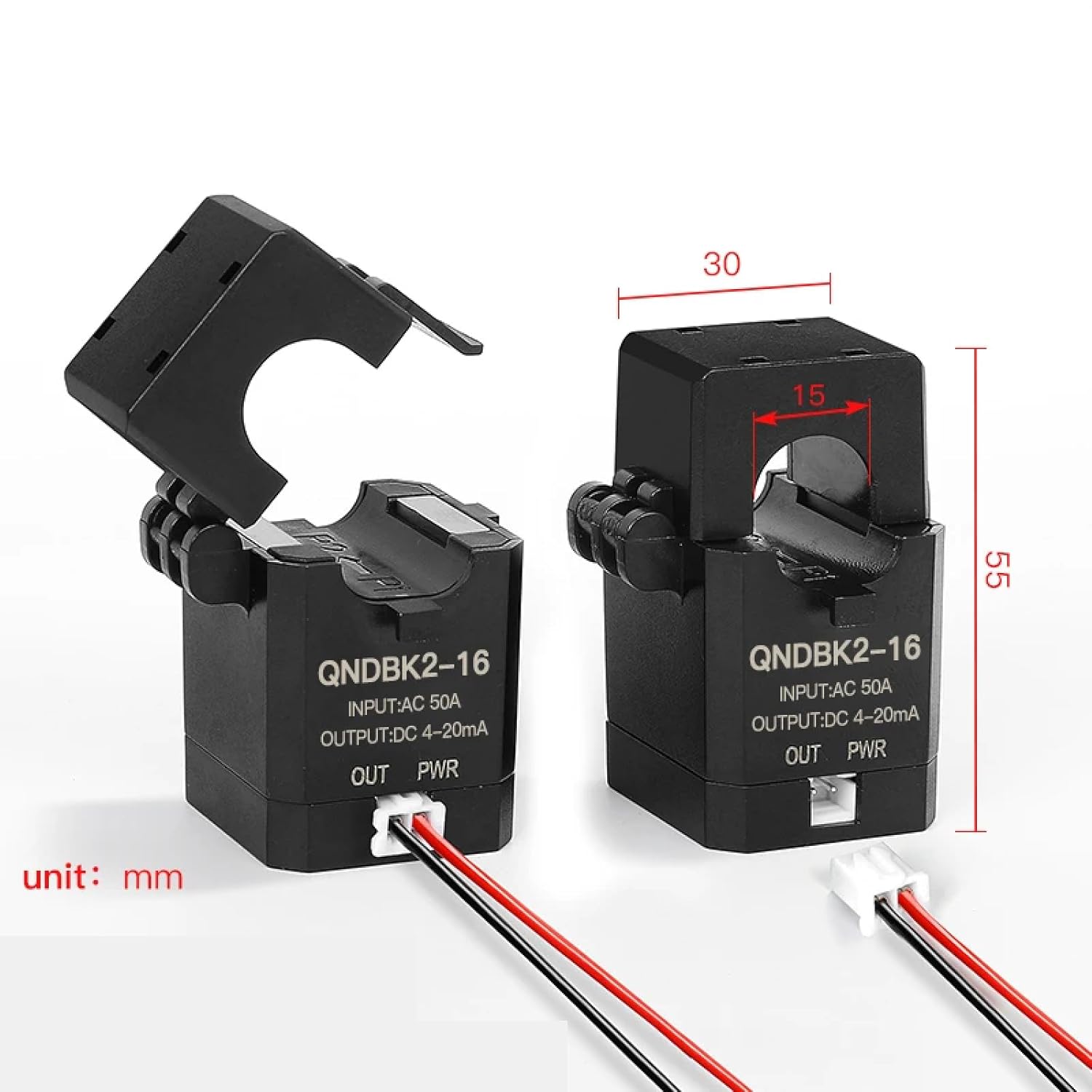 Split Core Current Transformer Transducer, Current Sensor with Clamp Design, Black, QNDBK2 Series (AC 400A 4-20mA QNDBK2-24)