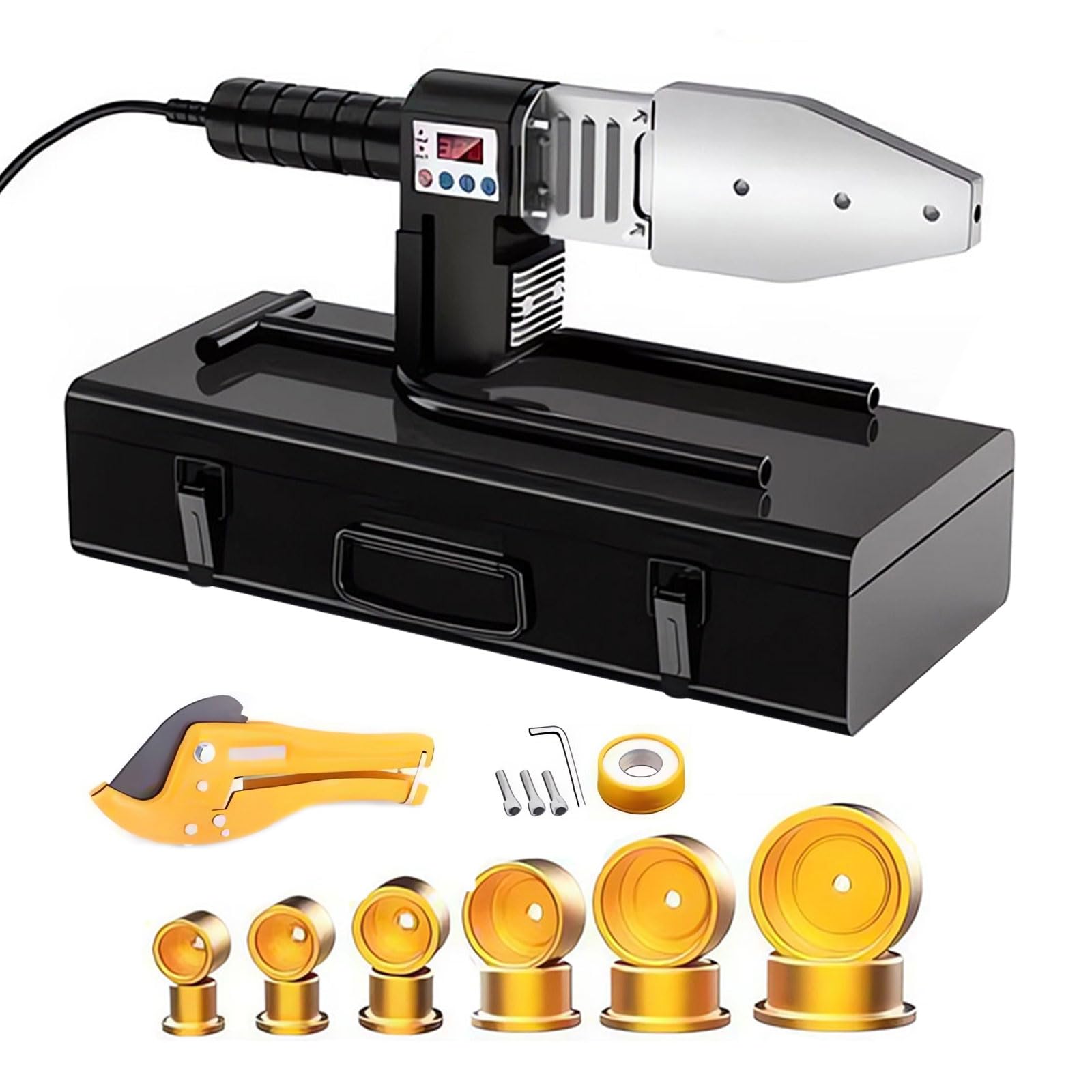 Poly Pipe Fusion Machine Plastic Water Pipe Welder， 220V Digital display Plastic welder kit Contains welding heads of 6 diameters for PP, PPR, PE, PPC 1500W