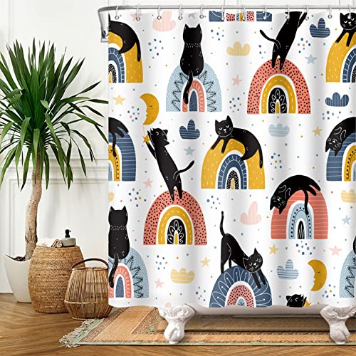 SDOTPMT 180x198cm Cute Animal Shower Curtain Abstract Cartoon Black Cat Colorful Rainbow Bath Curtain Funny Pets Theme Bathtub Curtain for Child Bathroom Decor Waterproof Polyester with Hooks
