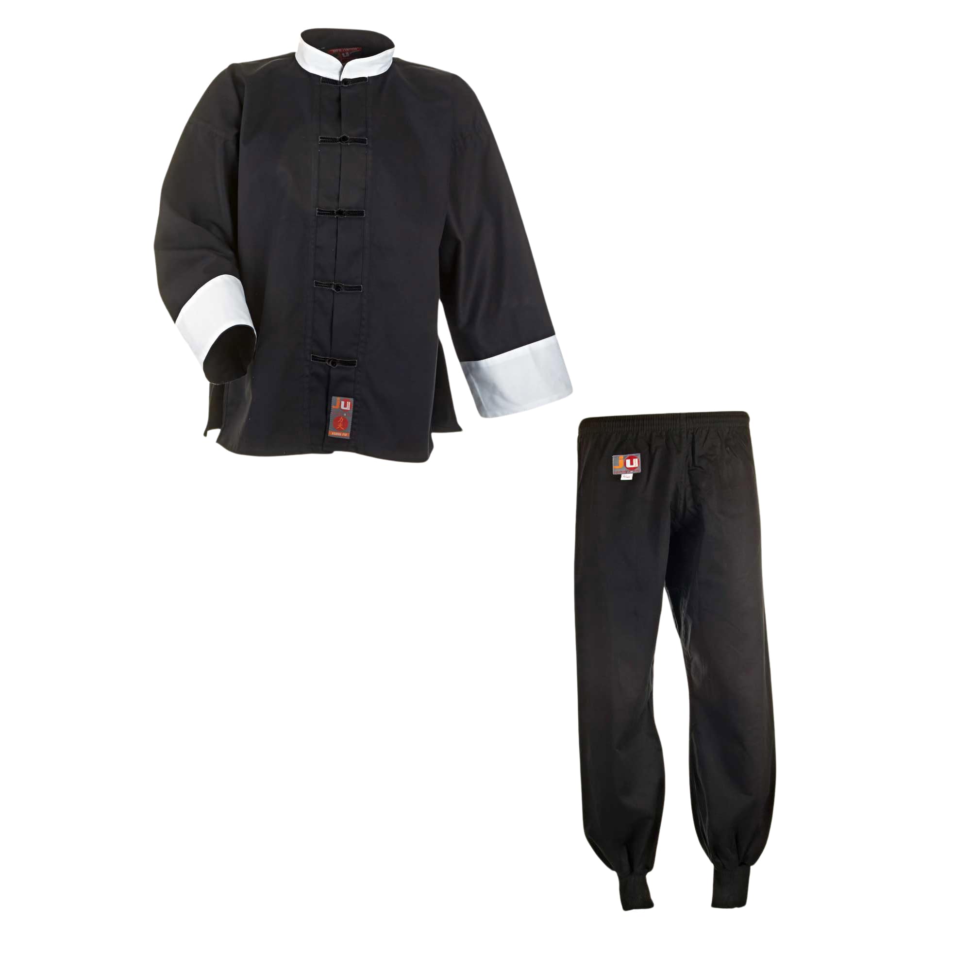 Ju-Sports Kung Fu Anzug Schwarz/Weiß, 100% Baumwolle, klassischer Schnitt, Kampfanzug mit Kordelknöpfen & Elastikbund