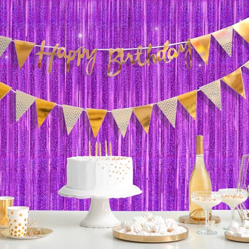 Image of Purple Metallic Tinsel Foil Fringe Curtains Backdrop 2Pack 3.3x8.3Ft Purple Party Streamers for Birthday Party Decorations Halloween Christmas Decors Foil Curtain Backdrop for Bachelorette Wedding